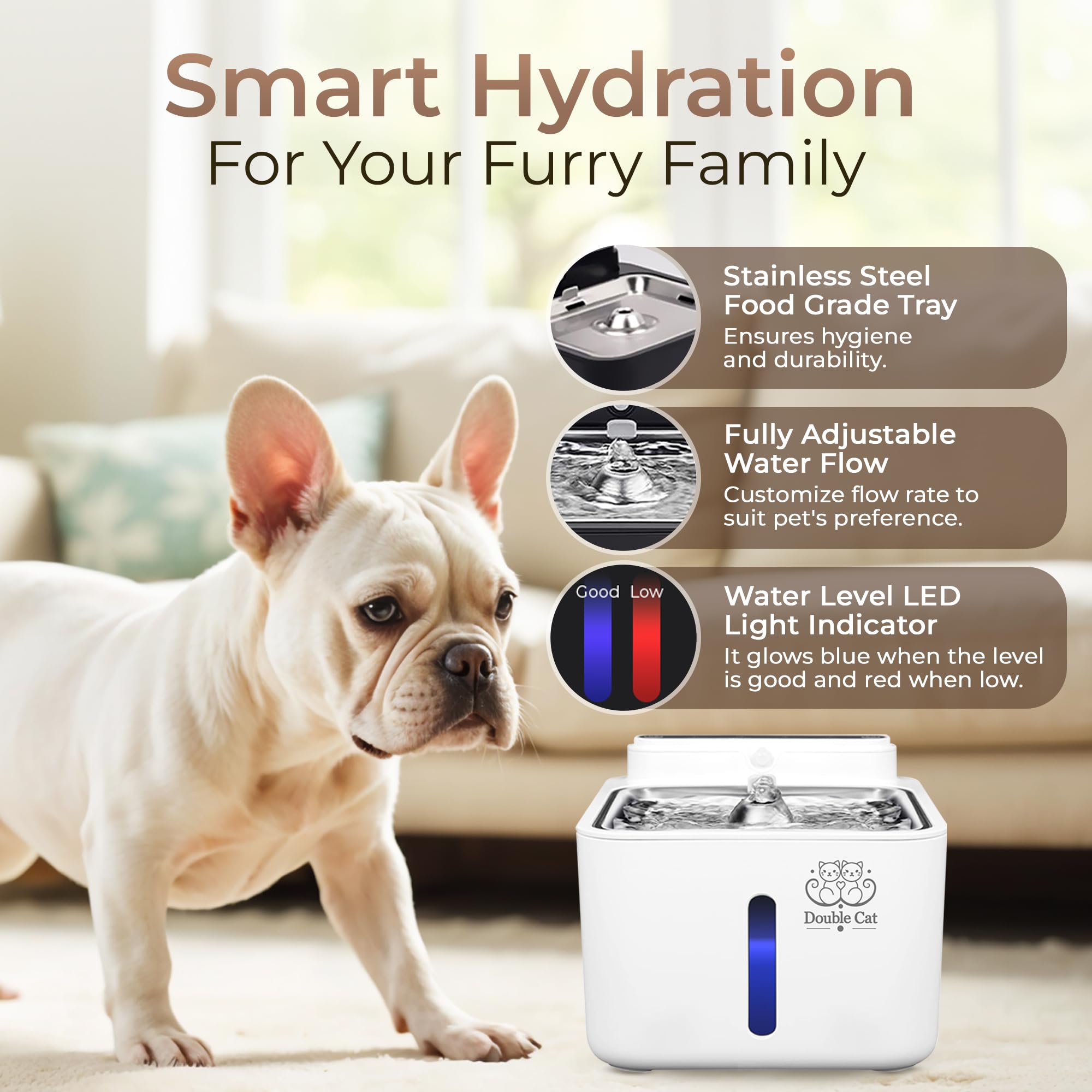 Fuente de agua automática para perros y gatos, 3,2 L, detección inteligente de mascotas, inalámbrica, funcionamiento silencioso, indicadores de luz LED y filtración multicapa, hidratación fresca y