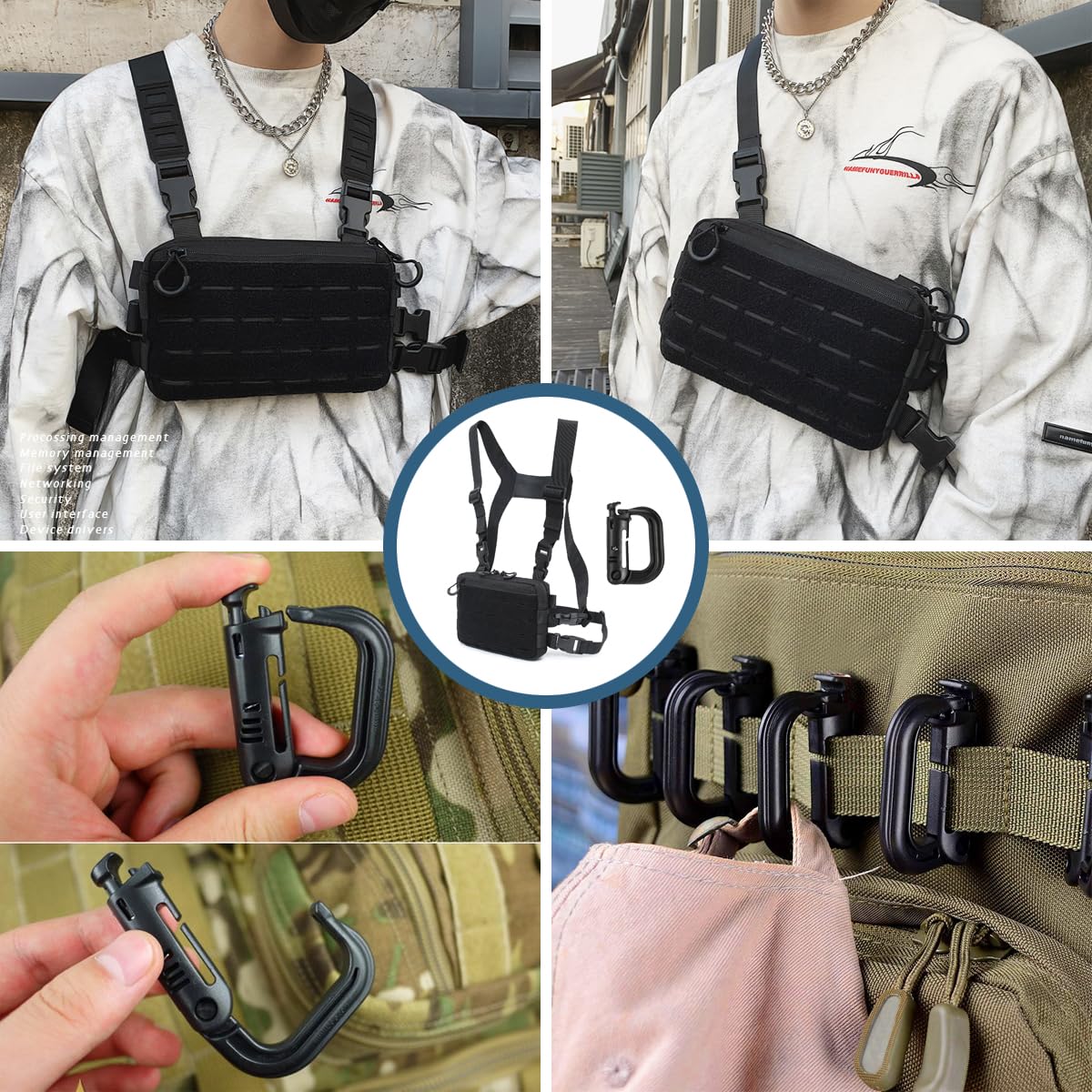 MUCHER Klatka piersiowa Rig Pack Taktyczna torba na klatkę piersiową dla mężczyzn do biegania Radio Walkie Torba na klatkę piersiową z 3 haczykami na zewnątrz Piesze wycieczki Polowanie Camping