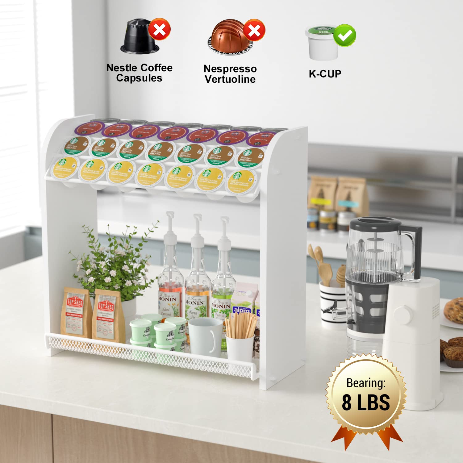 Coffee Pod Organizer for Coffee Bar Accessories, Large Capacity K Cup Holder, Bamboo K Cup Organizer for Countertop, Easy Assembly Coffee Pod Holder, Coffee Station Organizer Home office Storage,White