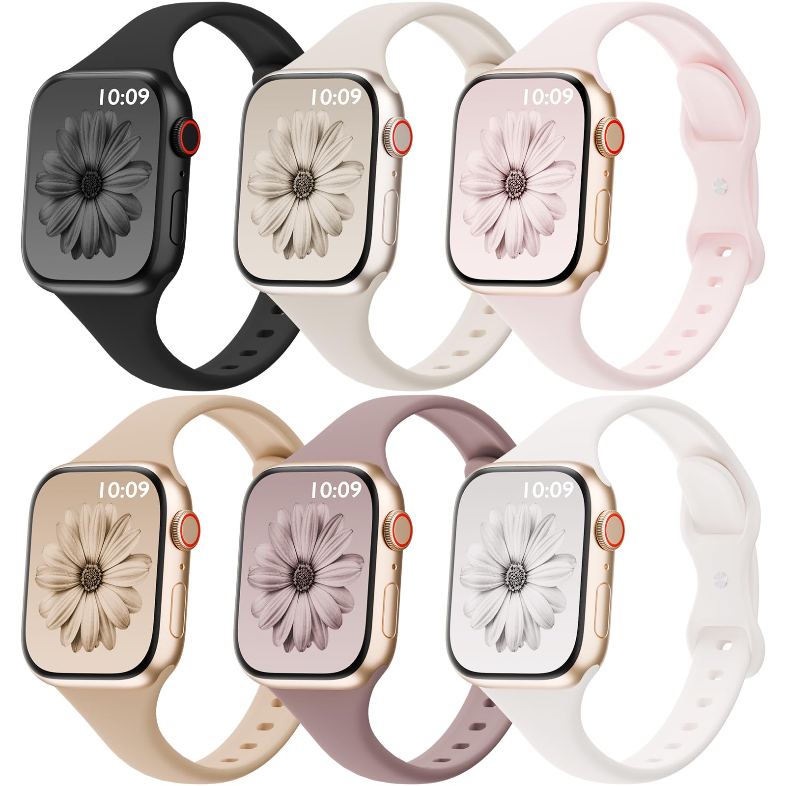 6 Pack Thin Bands Compatible with Apple Watch Band 38mm 40mm 41mm 42mm 44mm 45mm 46mm 49mm Women Men, Sport Silicone Strap Slim Wristband for iWatch Series 10 9 8 SE 7 6 5 4 3 2 1 Ultra