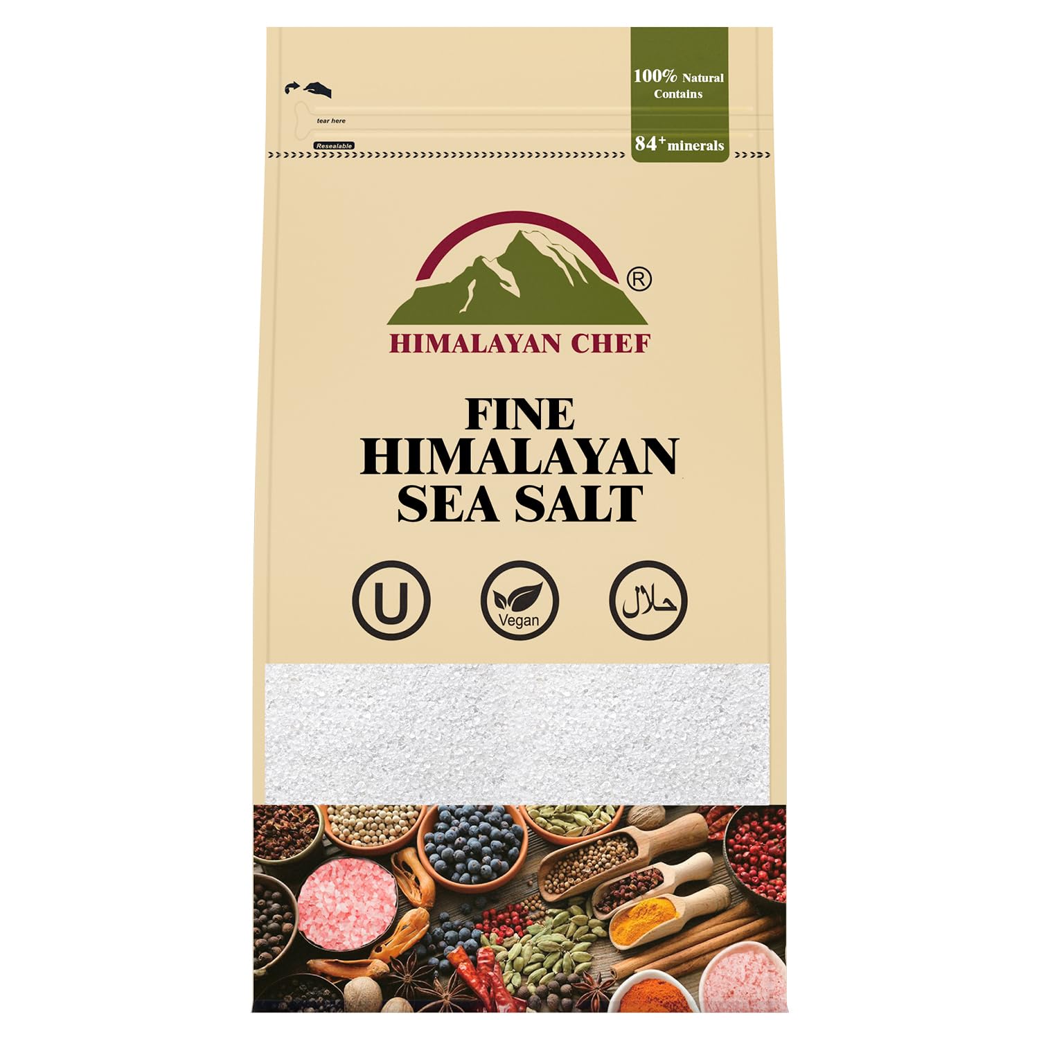 Himalayan Chef Sea Salt All Natural Fine Grain 48oz Sea Salt Bag Iodine Free Additive Unrefined Mineral Salt for Everyday Cooking