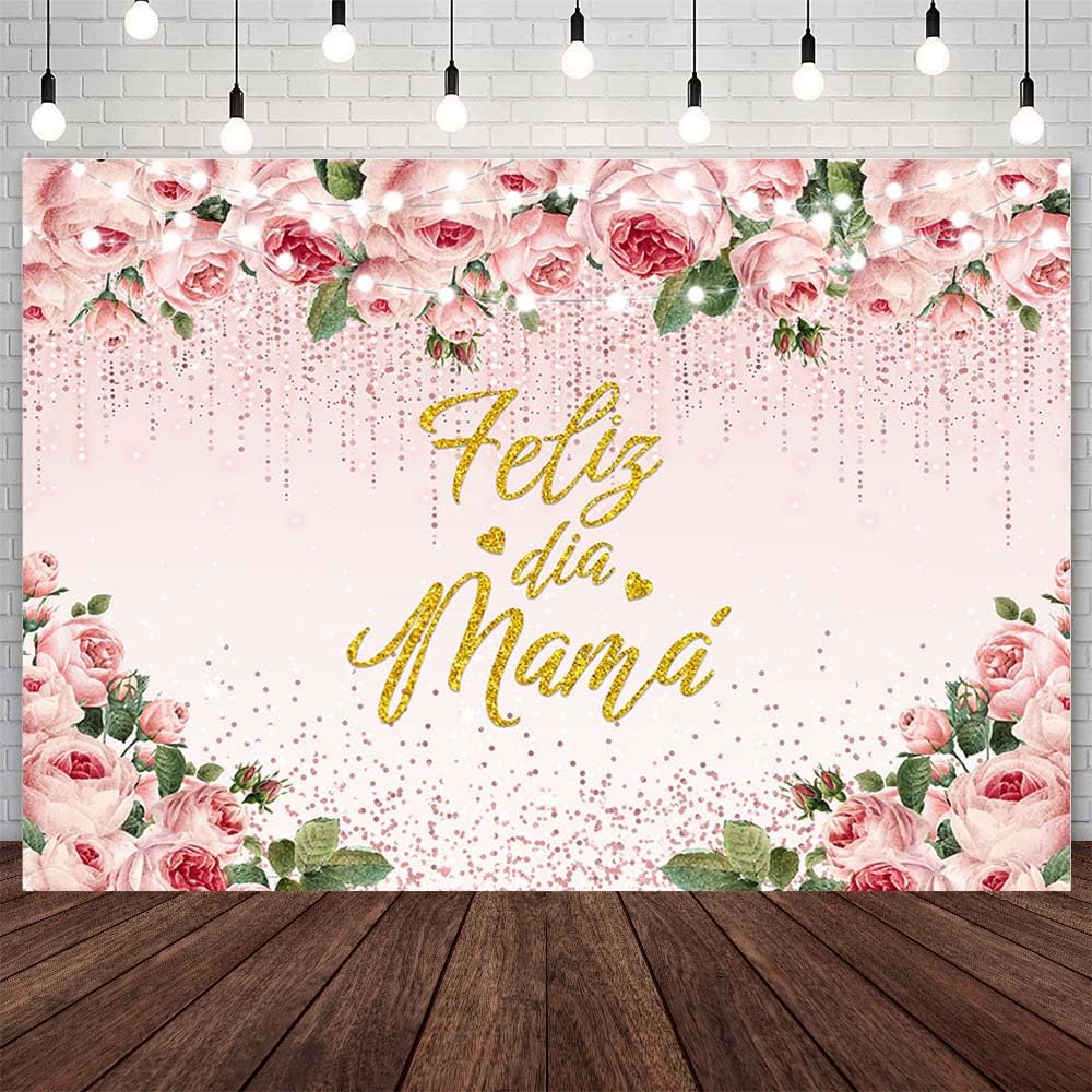 AIBIIN 10x7ft Feliz Dia Mama Backdrop Mexican Happy Mother's Day Photography Background Pink Gold Floral Glitter Party Decorations Feliz Día De La