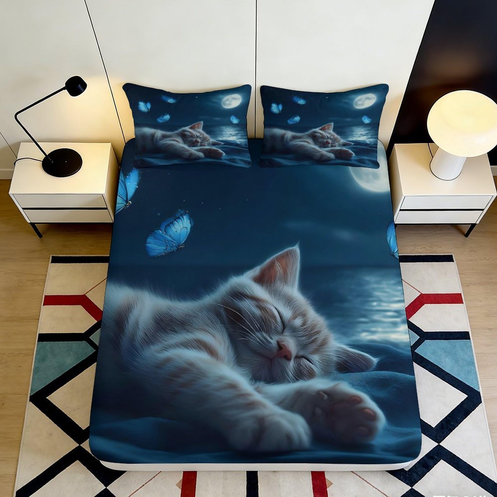 3D Printed Sleeping Cat Blue Butterfly Fitted Sheet Microfiber Soft Breathable Moonlight Bed Cover for Bedroom Dormitory Guest Room Mattress Protection 120x200x25cm
