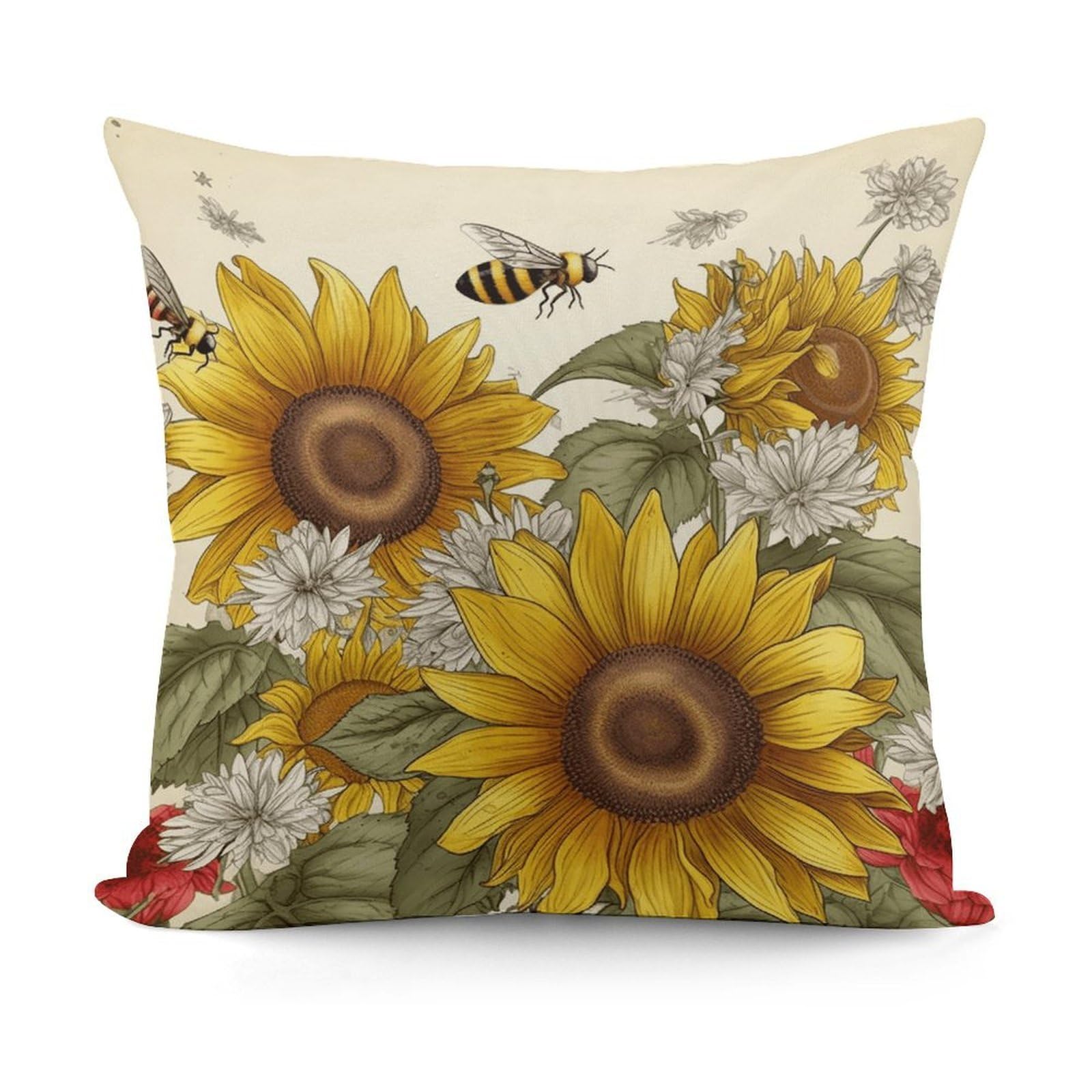 Bees Sunflowers Daisy Rose Flowers Throw Pillow Cover Soft Square Cushion Cover Art Artwork Pillow Covers Mordern Couch Pillow Covers Decorative Cushion Case for Chair Couch Bedroom Living Room