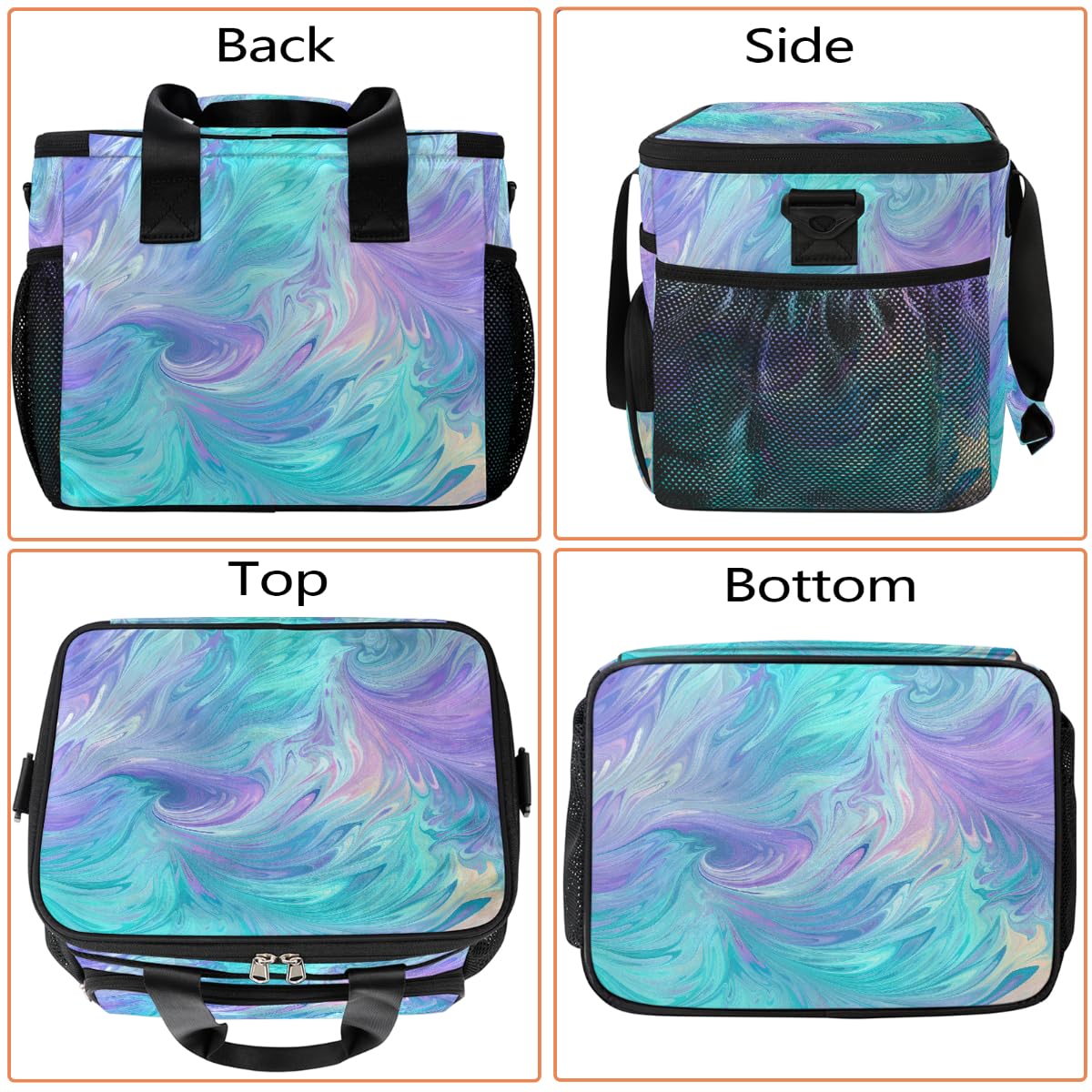 Bolsa térmica grande de camping para picnic, textura líquida, verde azulado, morado, plegable, portátil, bolsa de almuerzo y lonchera para hombres y mujeres, 20 L