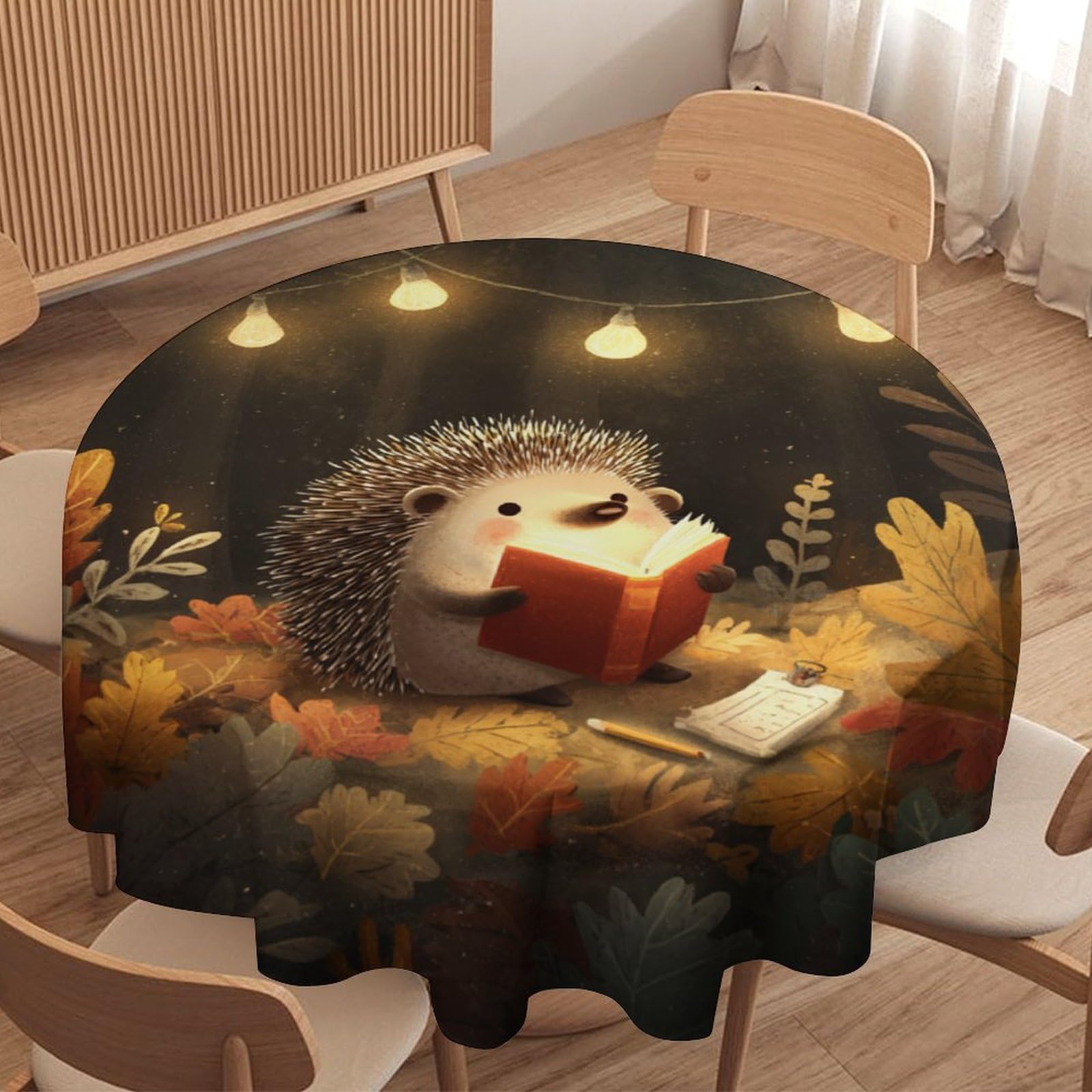 LUYYSKY Beautiful Colorful Cute Hedgehogs Round Tablecloth Cartoon Watercolor Autumn Maple Leaves Animals Hedgehogs Pattern Washable Decor for Table Cover for Kitchen-177.8" Wx177.8 L cm
