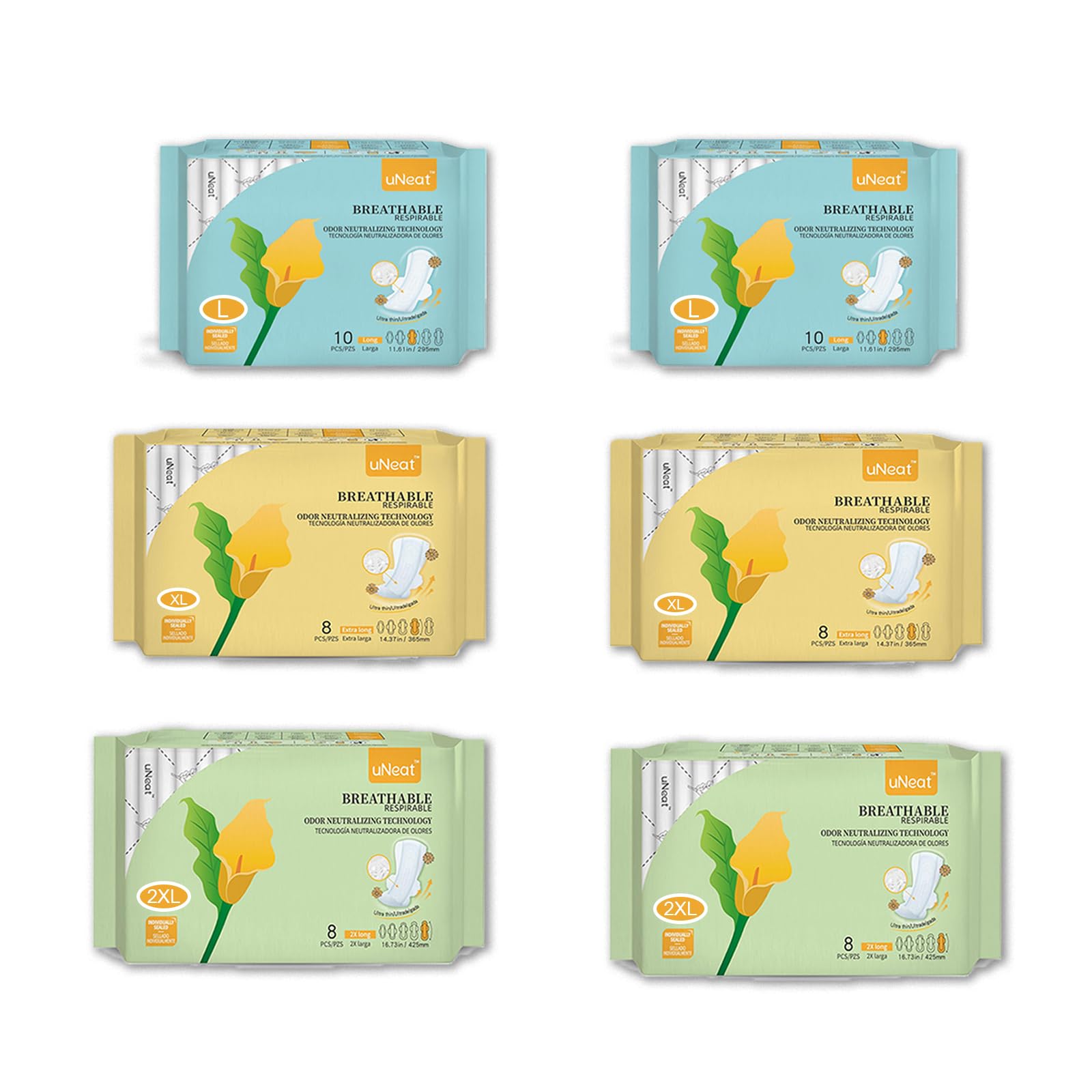 uNeat 52 Count Women Period Kit - Feminine Care - Includes 20ct Overnight Pads 16ct Extra Long Overnight