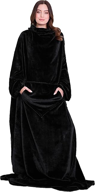 Fleece Blanket with Sleeves Throw Blanket with Pockets Fluffy Blanket Women Wearable Snuggle Blanket Men Cuddle Sofa TV Slankets Large Soft Cosy Comfy Wearable Blanket (Black, Small)