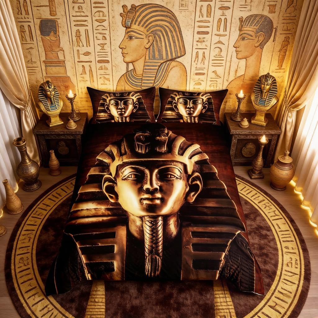 Loussiesd Pharaoh Duvet Cover Set 3D Pharaoh Print Bedding Set for Kids Boys Ancient Egypt Culture Comforter Cover Egyptian Tribe Quilt Cover Bedroom Collection 3Pcs Super King