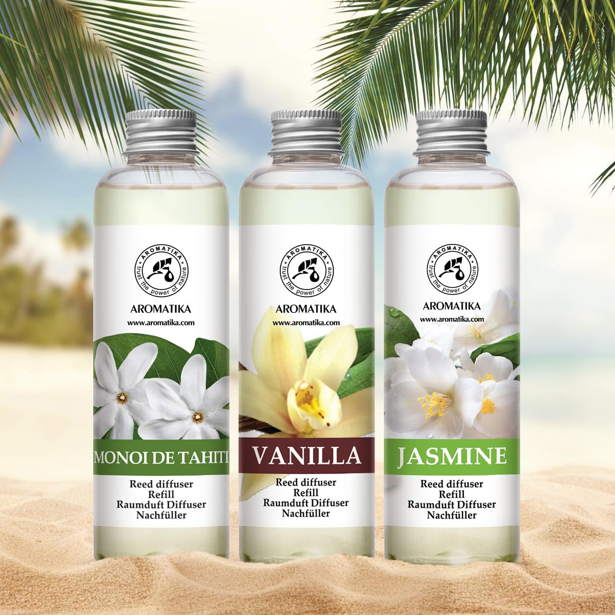 Raumduft Diffuser Nachfüller Monoi de Tahiti & Vanille & Jasmin 600ml - 3x200ml - Nachfüller Set für Duftdiffusor - Reed Diffuser Refill - Raumbeduftung - Zimmerduft - Diffuser Nachfüllen - Raumluft