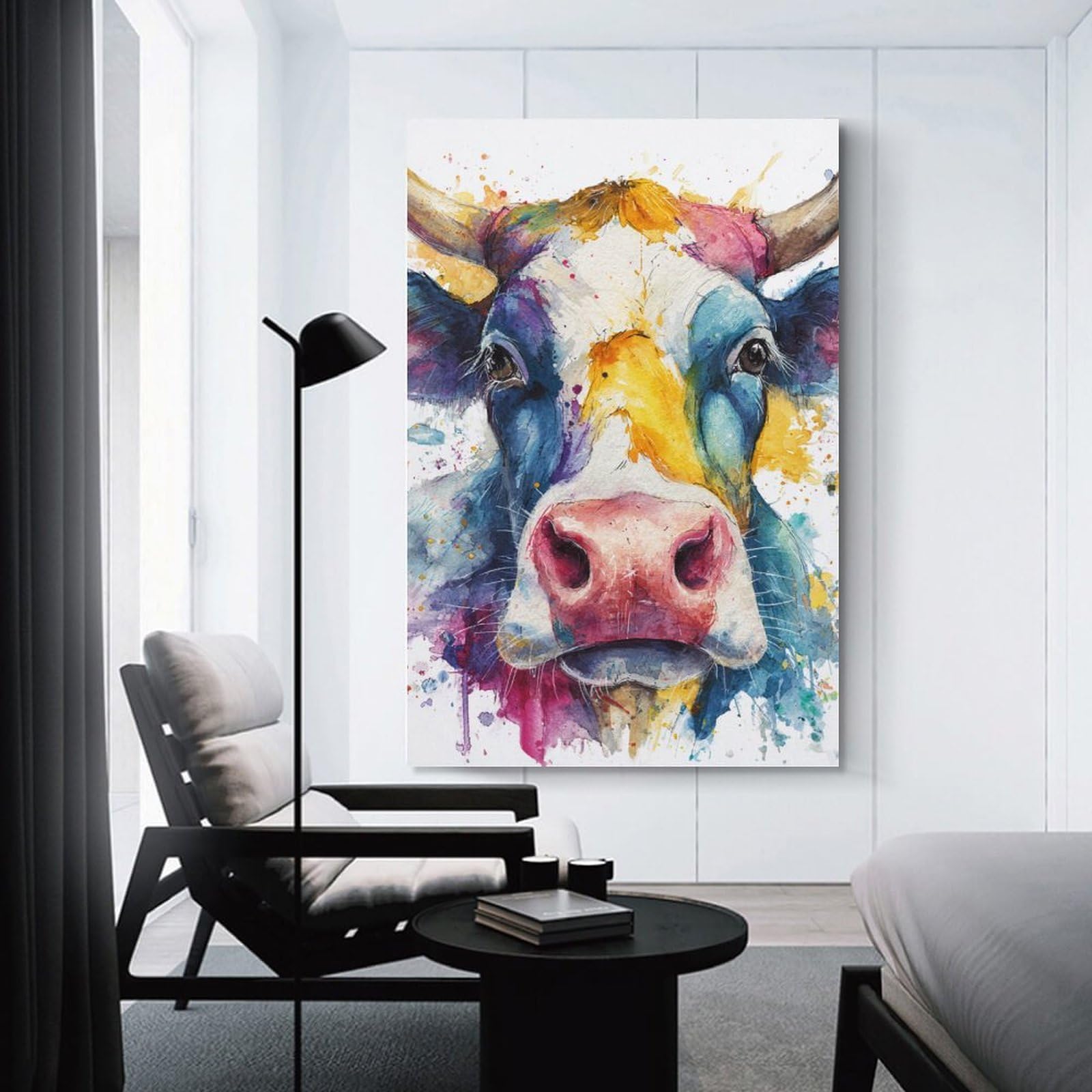 Junmoney Unframe-Style-24-1 Decorative Canvas Print Colorful Cow Watercolor Print, 20X30inch(50X75cm), For Home Office, Desk Area Or Studio, Home Office Artwork With Decorative Appeal