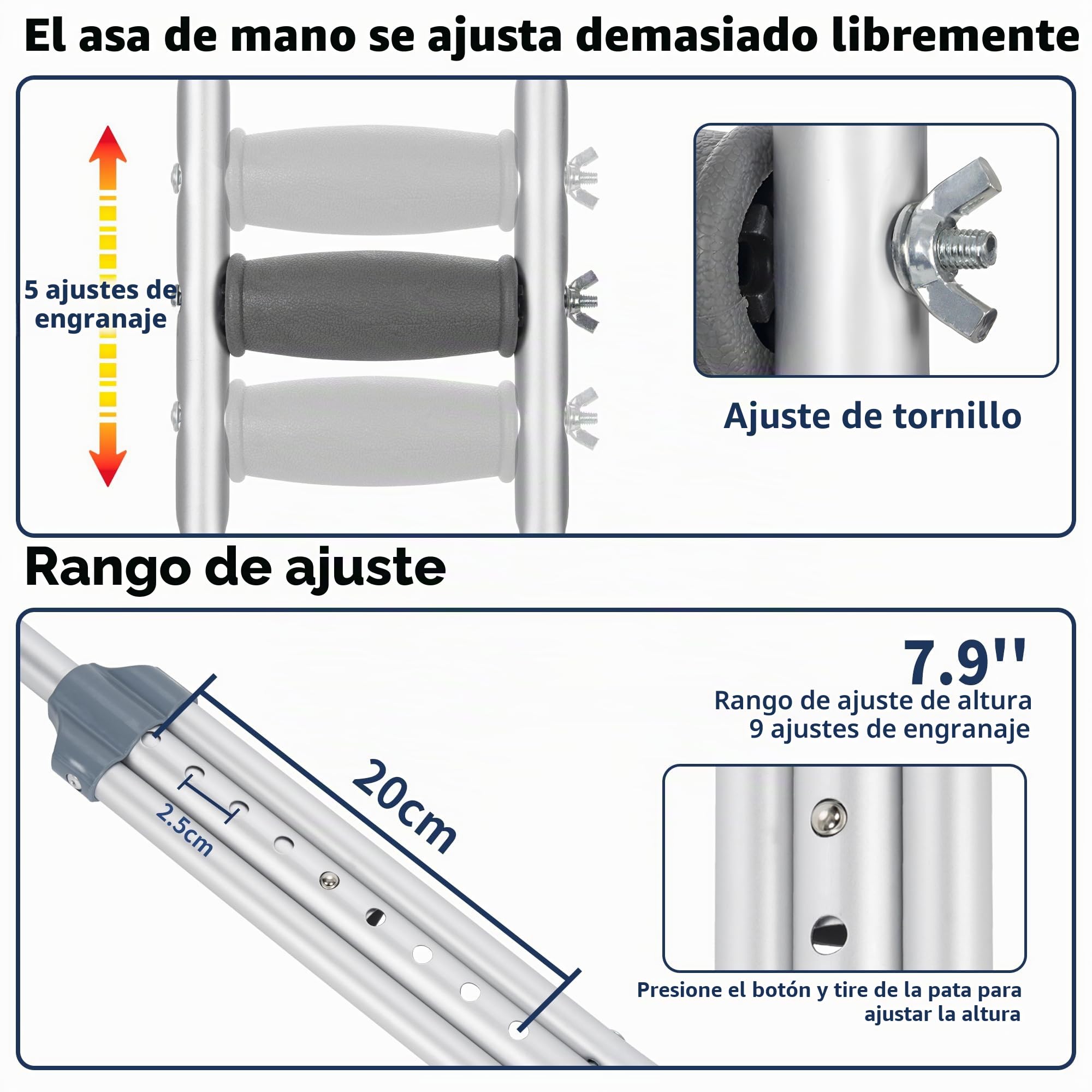 Muletas axilares para adultos, 2 unidades, muletas de altura ajustable para hombres y mujeres, muletas resistentes que soportan 150 kg (330 libras), muleta de aluminio ligera con asas acolchadas y