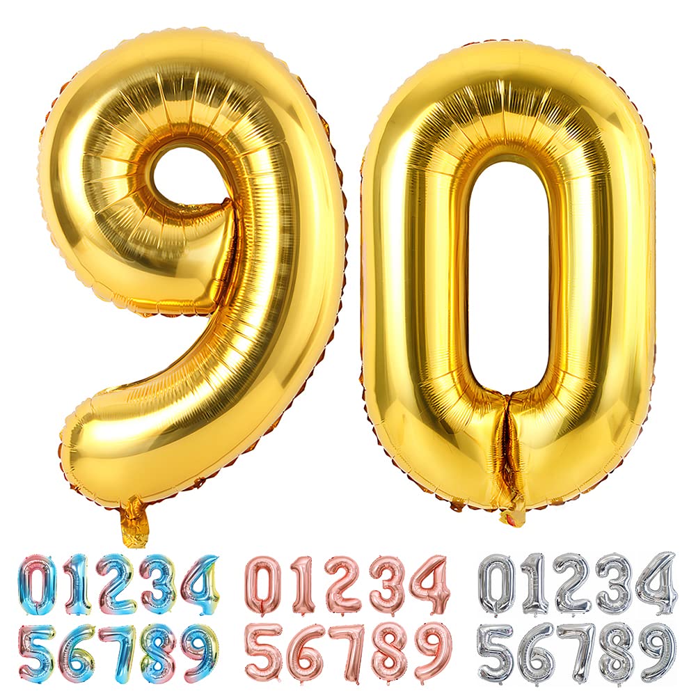 Ponmoo Foil Balloon Number 90 Gold, Giant Numbers 0 1 2 3 4 5 6 7 8 9 10-19 20-29 30-39 40-49 50-60-70-80-90-100, Large Balloons for Wedding Anniversary Birthday Party Decoration — image 1