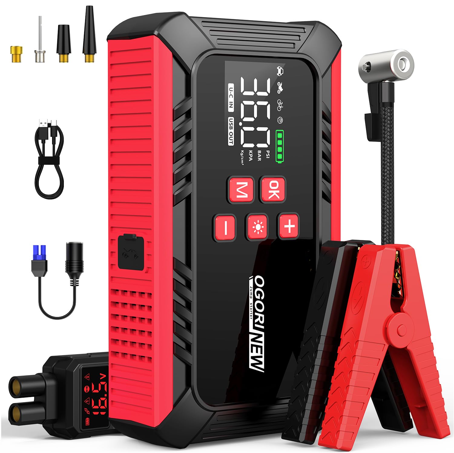 Booster Avviamento Auto con Compressore,Avviatore Batteria Auto 7000A,12V Starter Batteria Auto (8.0L Diesel/10.0L Benzina),Booster Batteria Auto Portatile con Torcia a LED, Display LCD