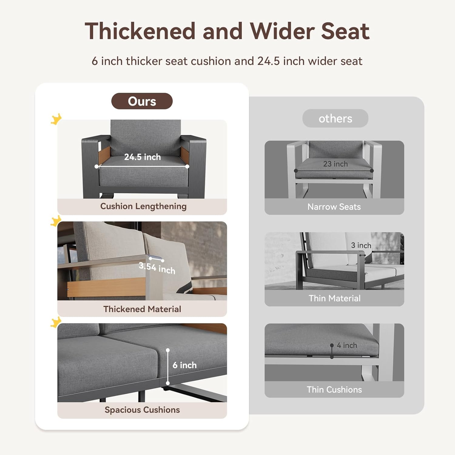 Aoxun Aluminum Patio Furniture Set, 5 Seats Luxury Metal Patio Conversation Sets with Coffee Table, 6'' Thick Cushions and 3-Seat Sofa, Modern Outdoor Furniture Set for Backyard/Poolside, Light Grey
