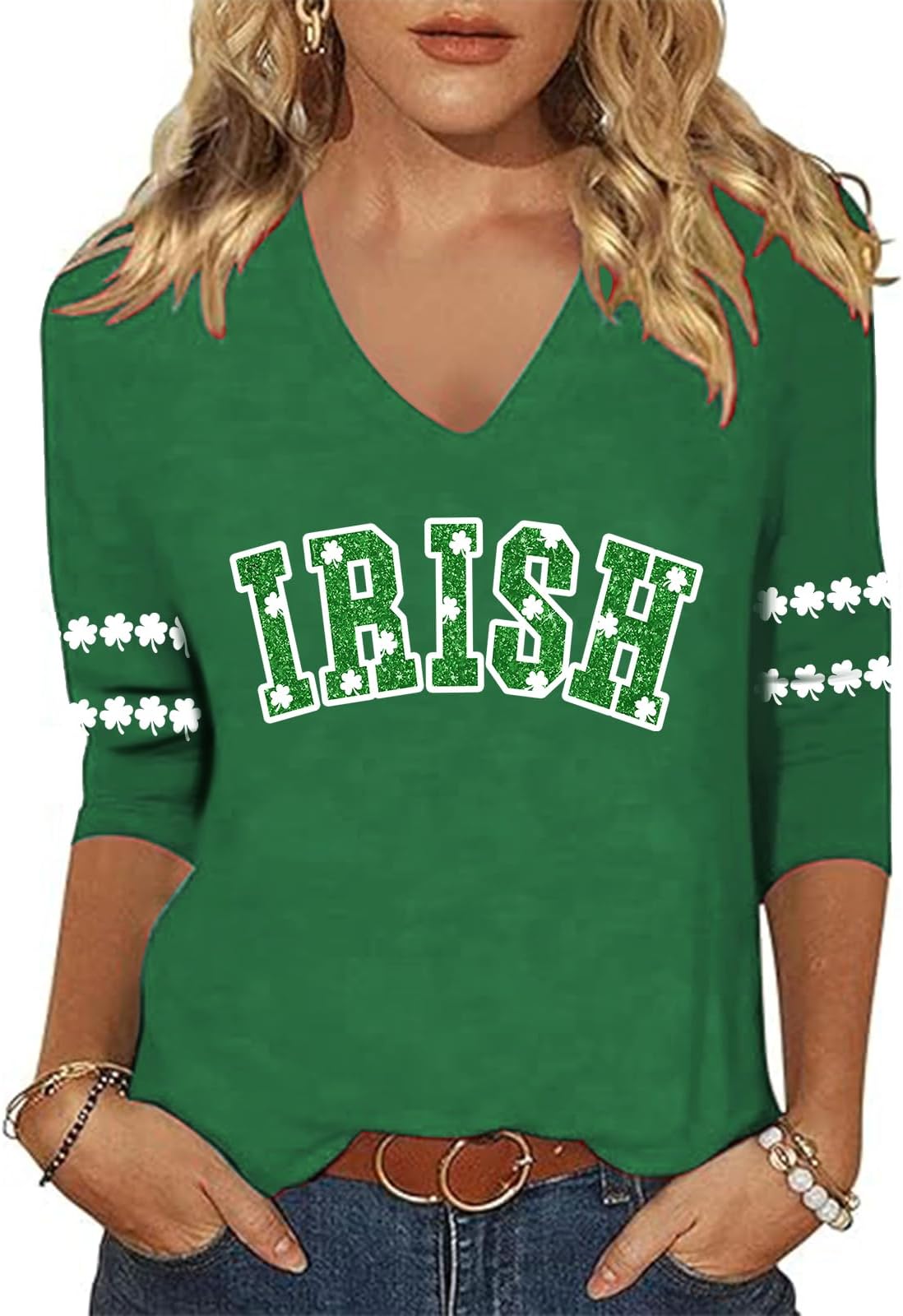 St Patricks Day Shirt Women Glitter 3/4 Sleeve Saint Patricks Day T-Shirt V Neck Lucky Irish Shamrock Graphic Tee Tops