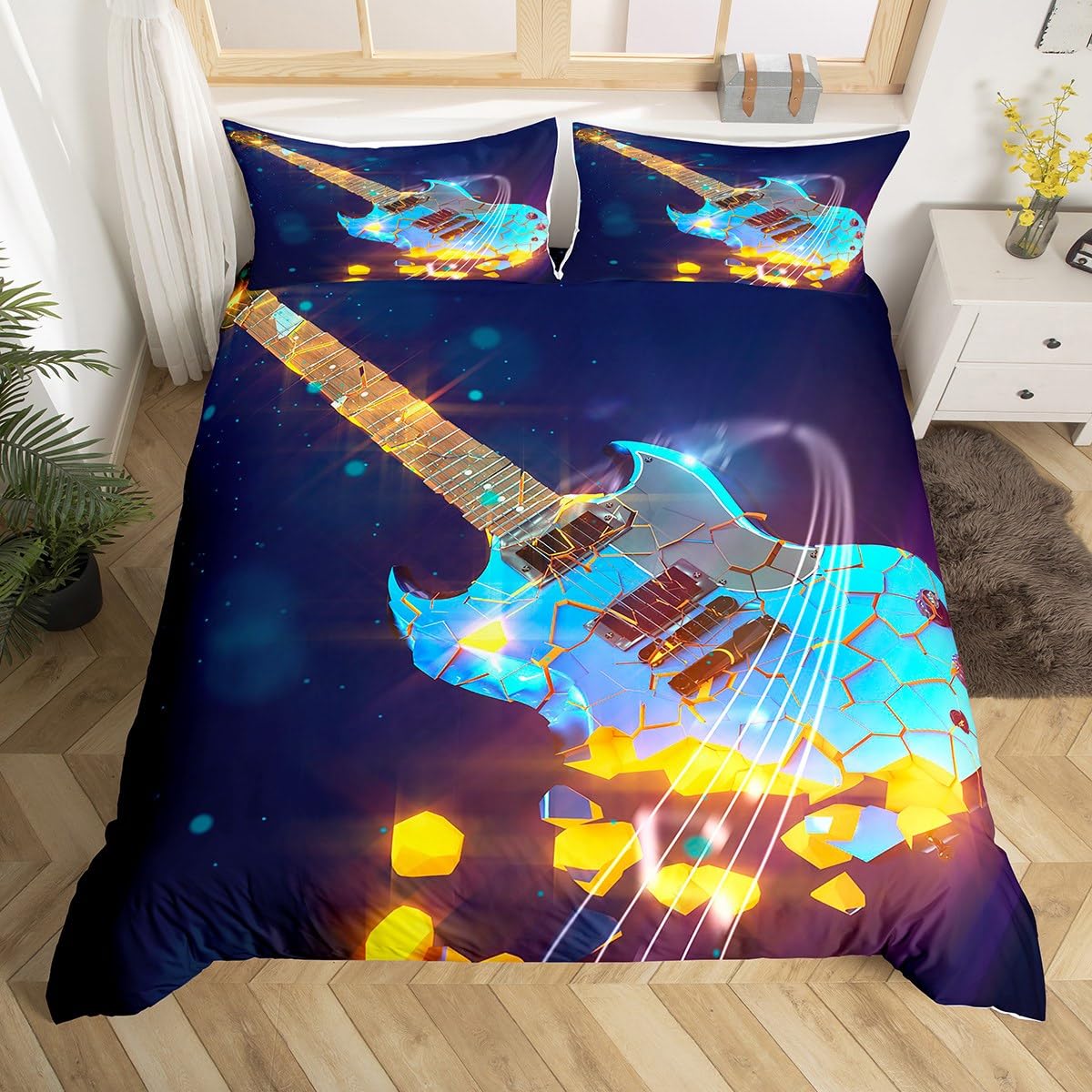 Loussiesd Teen Youth Duvet Cover Set Junior/Cot Bed for Boys Girls Rock Guitar Bedding Cover 3D Guitar Instrument Print Comforter Galaxy Bedspread Personalized Quilt Blue Golden Cool โ image 1