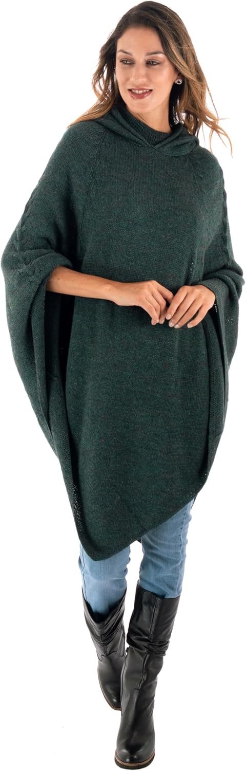 NOVICA Artisan Handmade Alpaca Blend Hooded Poncho Knit in Moss from Peru Wool Clothing Green Solid ' Adventurous Style in Moss'