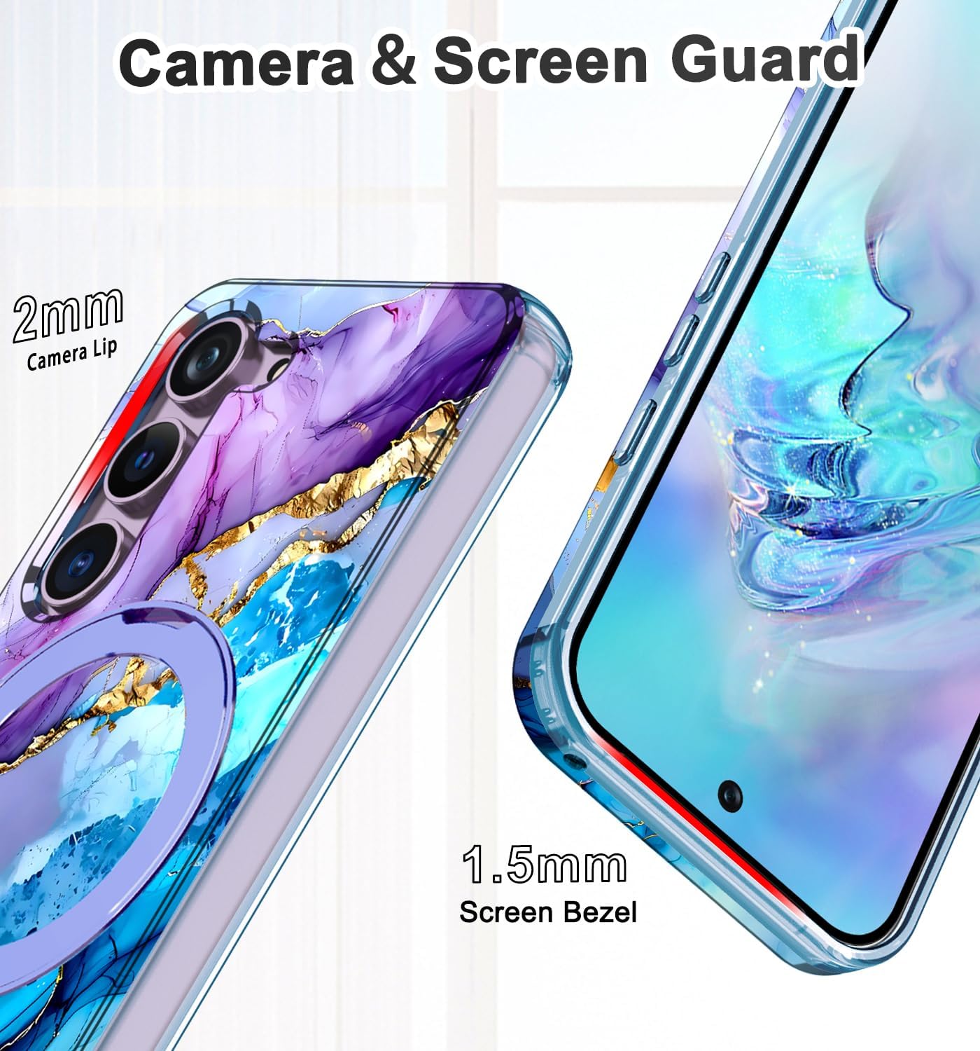Magnetic for Samsung Galaxy S23 Case with Invisible Ring Stand [Compatible with MagSafe], Full Body Rugged Slim Women Men Girl Shockproof Marble Pattern Design Case,Purple/Blue