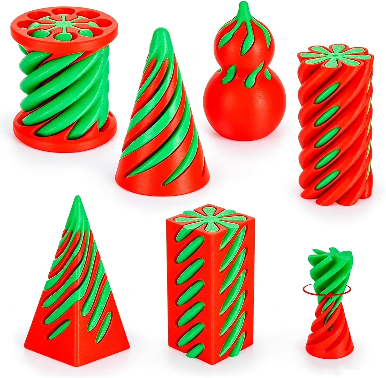 6 Pack 3D Printed Spiral Fidget Gadgets for Adults, Impossible Cone and Pyramid Passthrough Desk Sculpture, Optical Illusion Sensory Tools for Office Focus and Stress Relief, Red & Green