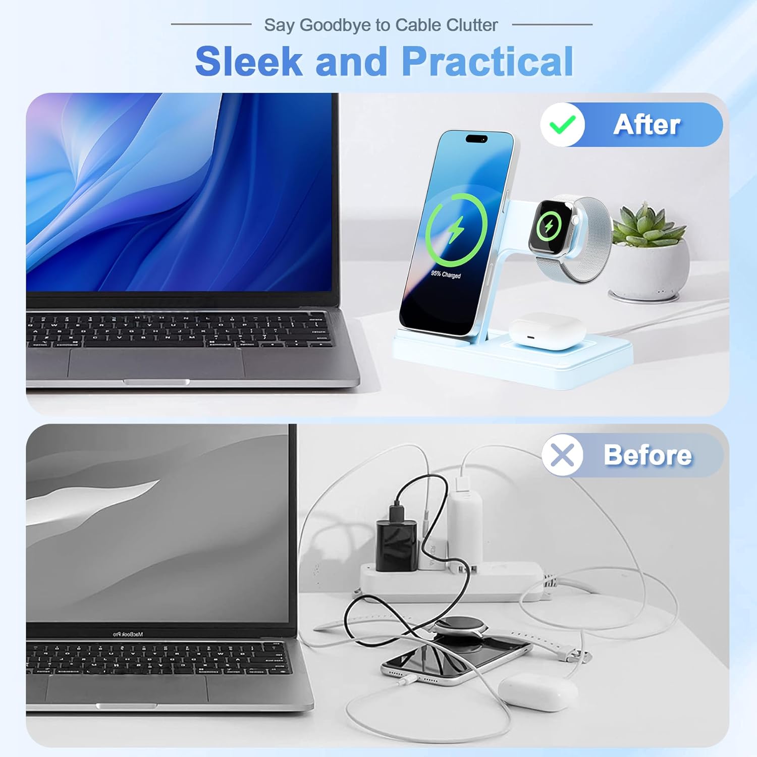 Wireless Charging Station for Apple Devices: 3 in 1 Foldable Qi Compact Case-Friendly Charger Stand for iPhone 17-12 & Apple Watch & AirPods Charging Dock for Travel Home Office Desk Nightstand (Blue)