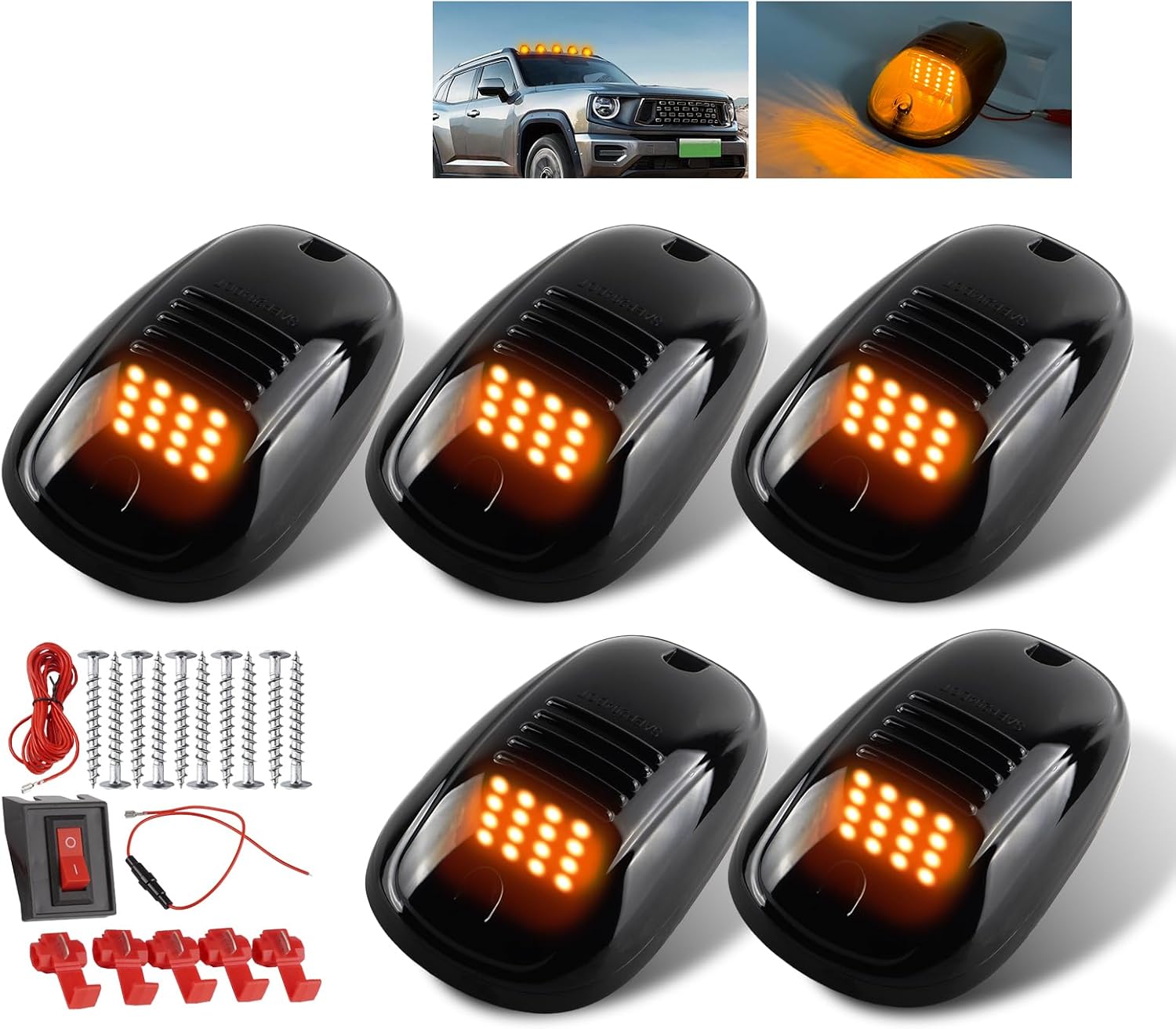 LIGBT 5PCS Amber Cab Lights for Trucks 16 LED Smoke No Drill Roof LED Running Top Marker Lights Roof Marker Lights Waterproof led cab Lights for Semi Truck Pickup