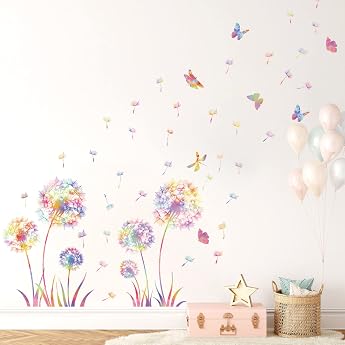 KAIRNE Wall Tattoo Dandelion Flowers Wall Sticker for Children's Room Girls Colourful Wall Sticker Dandelion for Bedroom Plants Flowers Wall Sticker for Living Room Baby Room Kitchen Window Door Wall Decoration