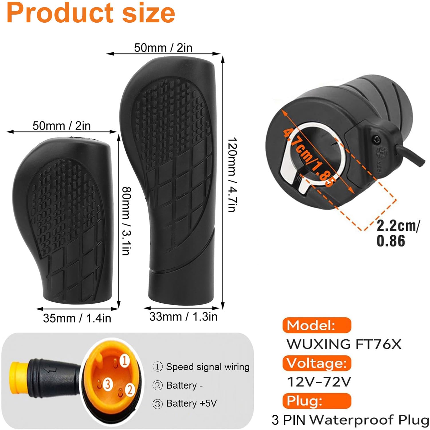 FT76X Demi Twist Poignée d'accélérateur pour vélo électrique avec prise étanche à 3 broches | 12V-72V E-Scooter Modifié Throttle Pouce pour VTT Scooter Vélo Électrique