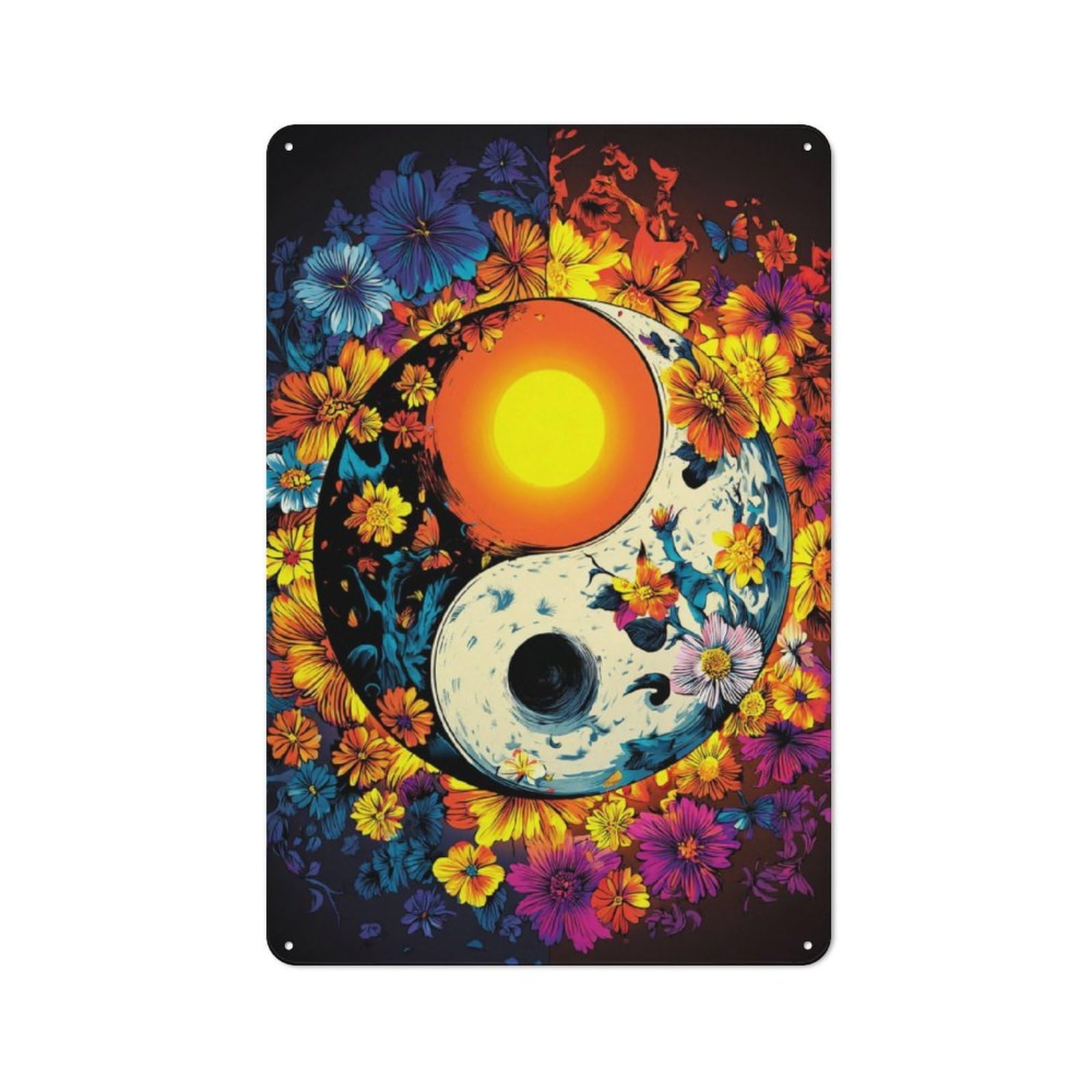 Junmoney Yin-Yang Harmony Floral Fusion Retro Metal Sign 30X20cm, Garage Style Shed Wall Plaque For Garage, Hobby Room, Office Or Man Cave