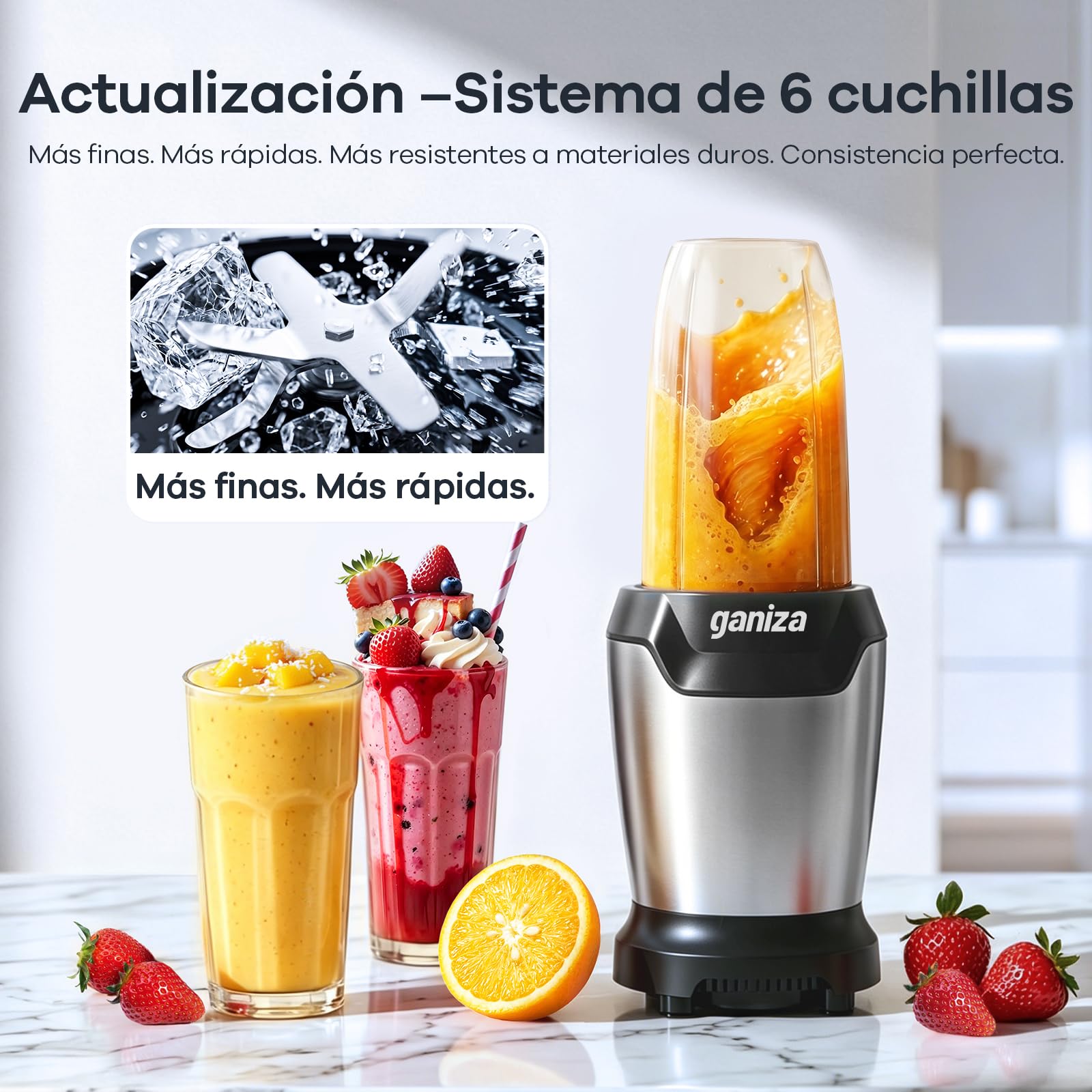 Ganiza Batidora de Vaso, 1300 W con 3 vasos mezcladores portátiles (2 de 1100 ml y 1 de 660 ml), 6 cuchillas de acero inoxidable, libre de BPA, batidora eléctrica para batidos y trituración de hielo