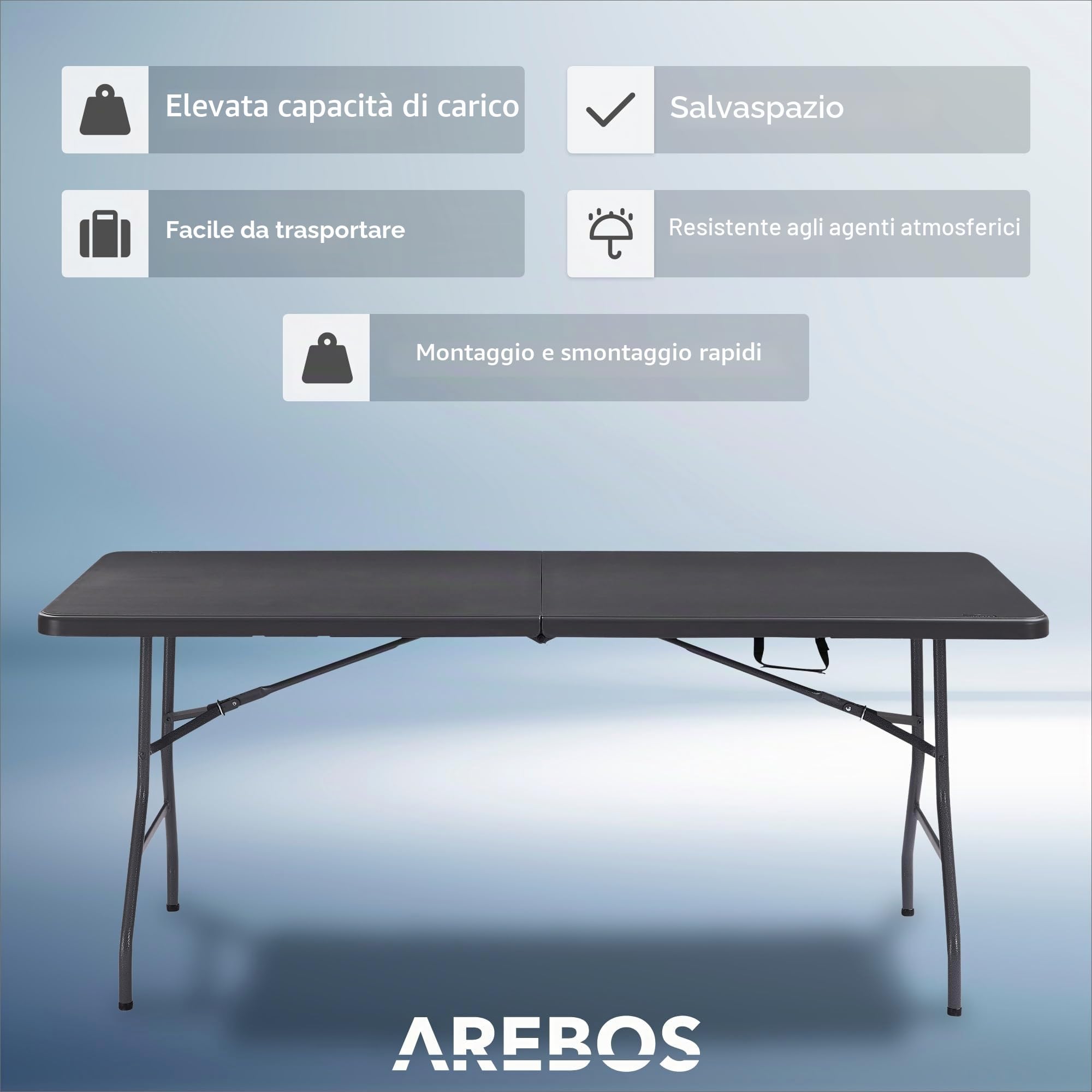 AREBOS Tavolo Pieghevole da Giardino Bianco perfetto come Tavolo da Campeggio, da Buffet, da Cucina | Tavolino Esterni Richiudibile a Valigetta con Maniglia | 182 cm | Antracite