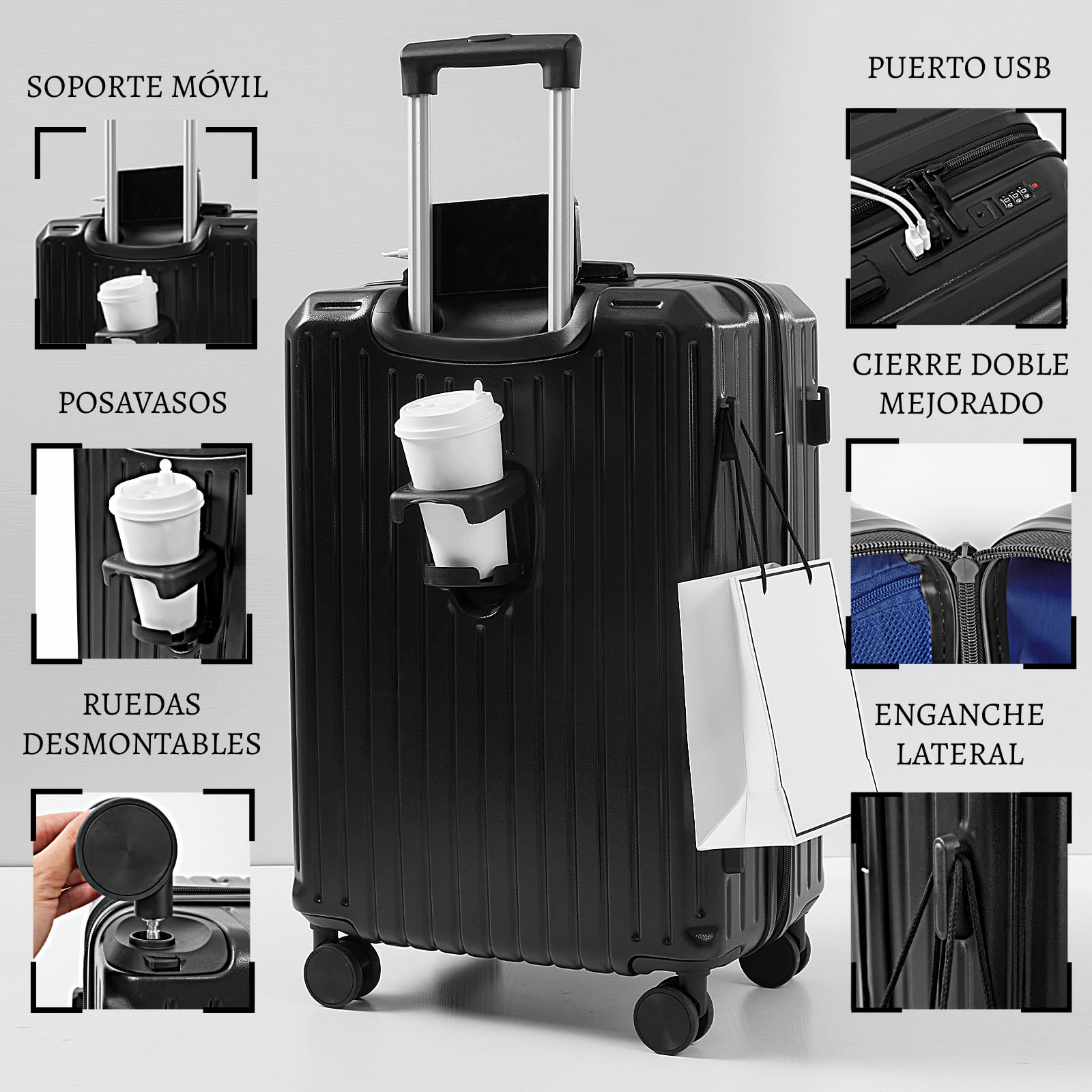 Maleta Cabina 55x38x23 cm Equipaje de Mano Rígido con Portavasos y Soporte para Móvil, Trolley de Viaje con 4 Ruedas Desmontables, Gancho para Bolsas y Doble Cerradura