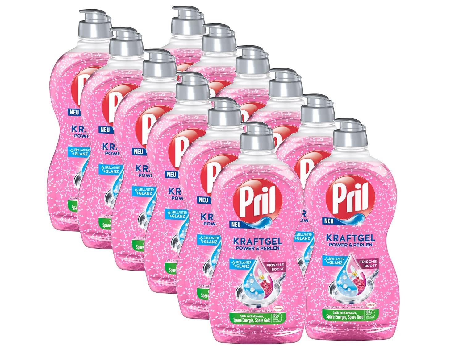 PRIL Kraft Gel Power & Perlen (14x 450 ml), Handgeschirrspülmittel mit hoher Fettlösekraft, für sauberes Geschirr mit brillantem Glanz und Frische-Boost