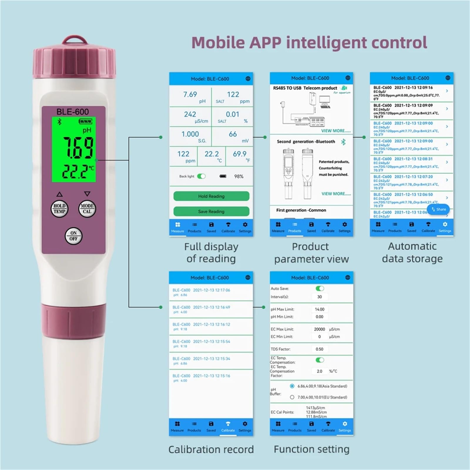 Stylo de qualité l'eau 7 en 1, testeur pH, EC, TDS, ORP, SEL, SG, TEMP, application, contrôle intelligent, Analyse de qualité instantanée