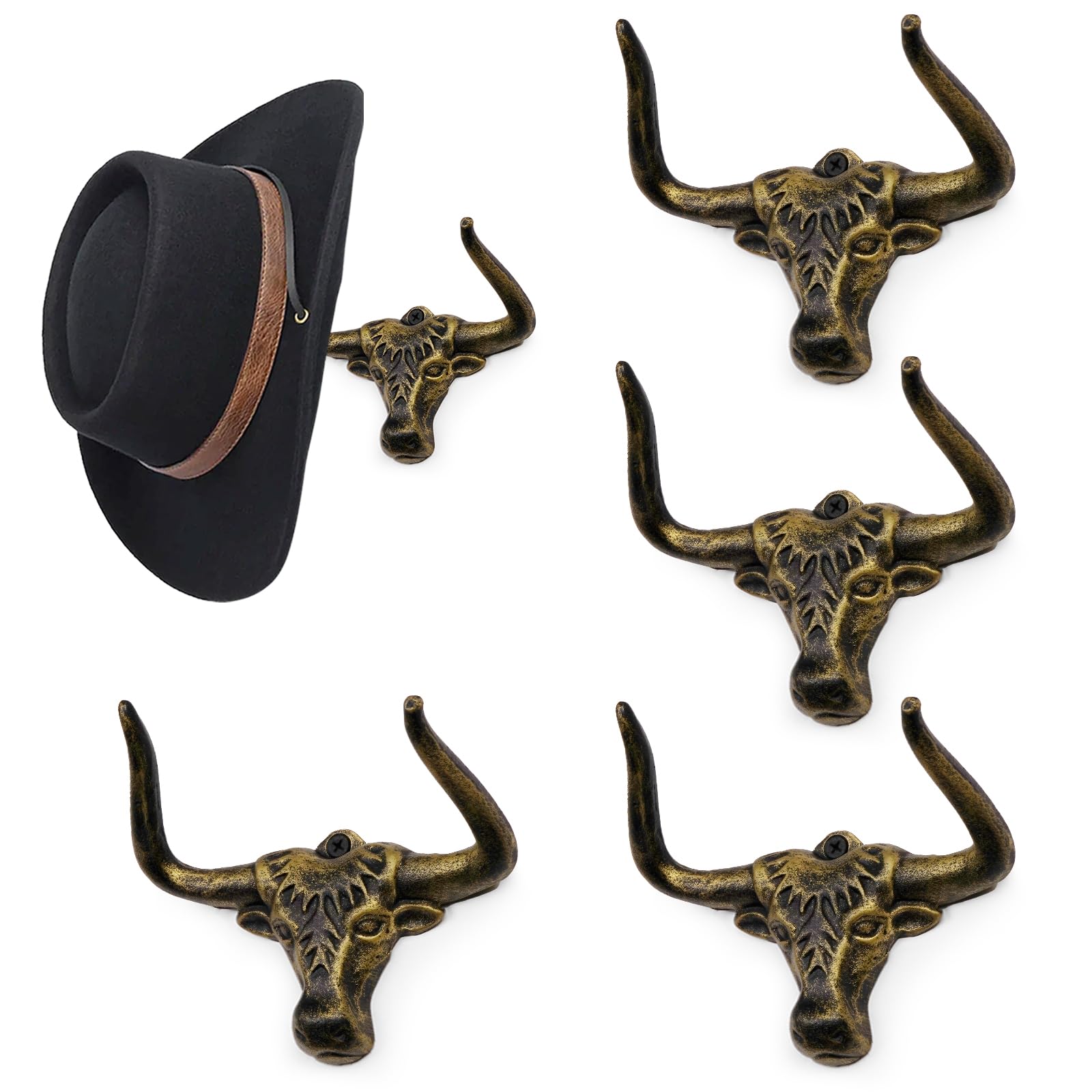 Filano Cowboy Hat Rack for Wall 4 Pack Modern Metal Cowboy Hat Holder Cast Iron Hat Hanger Western Longhorn Hooks Storage and Display at Closet Bedroom Living Room Antique Gold Men's Gift