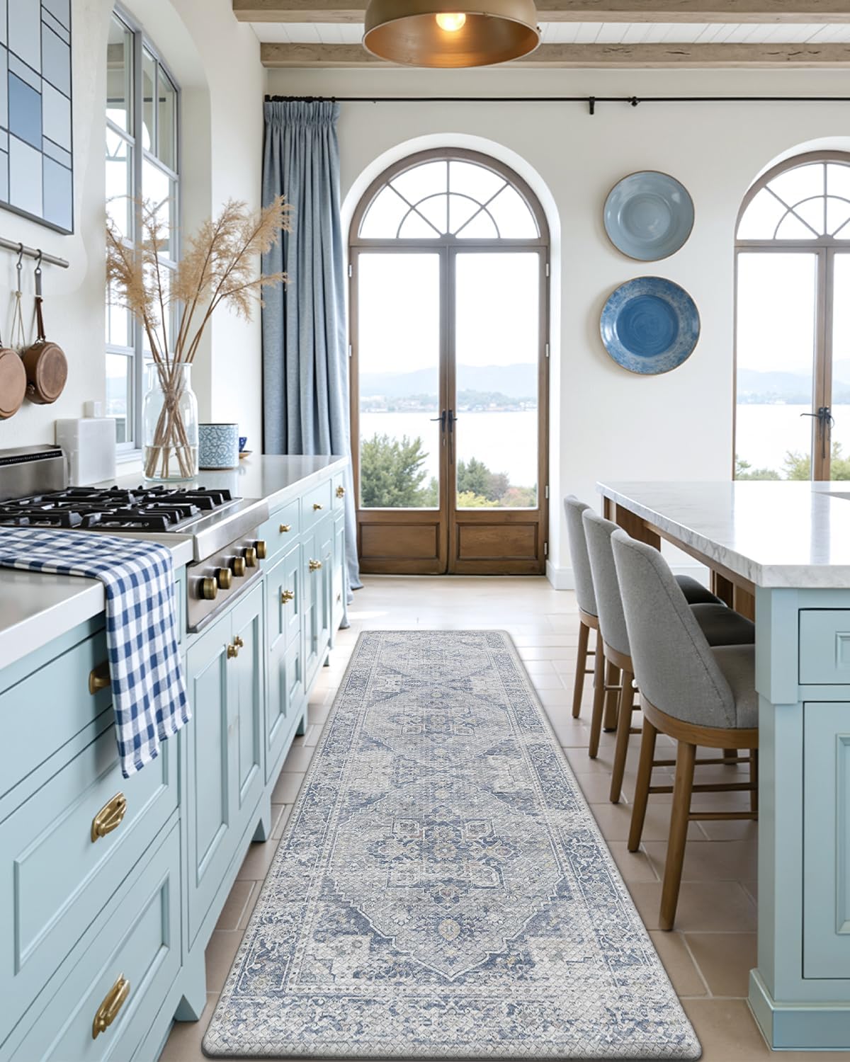 DEXI Kitchen Floor Mats Anti Fatigue, 23x59 Large Cushioned Vintage Runner Rug Waterproof, Standing Comfort Memory Foam Padded for Front Sink Laundry Office, Light Grey and Blue 59"L x 23"W x 0.4"Th Blue/Light Grey