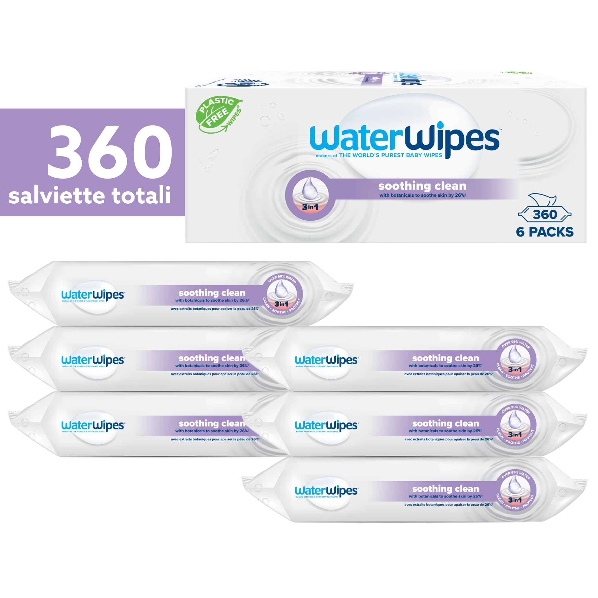 WaterWipes Soothing Salviette lenitive pulite per neonati, 360 salviette (6 Confezione), con il 99% di acqua ed estratti botanici, salviette umidificate per viso e corpo