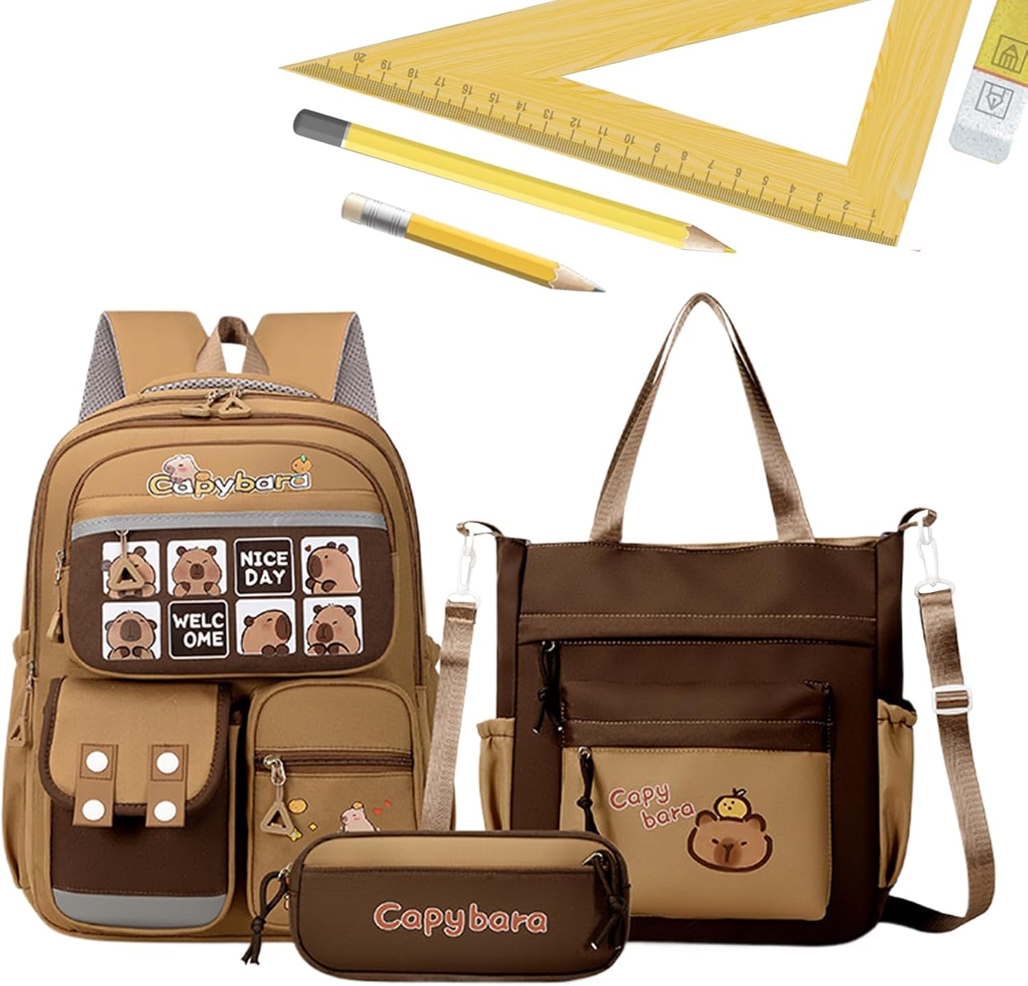 Capybara スクールバックパック、反射 大きくてかわいい美的バックパック - ショルダーバッグ ペンシルケース 文房具 子供