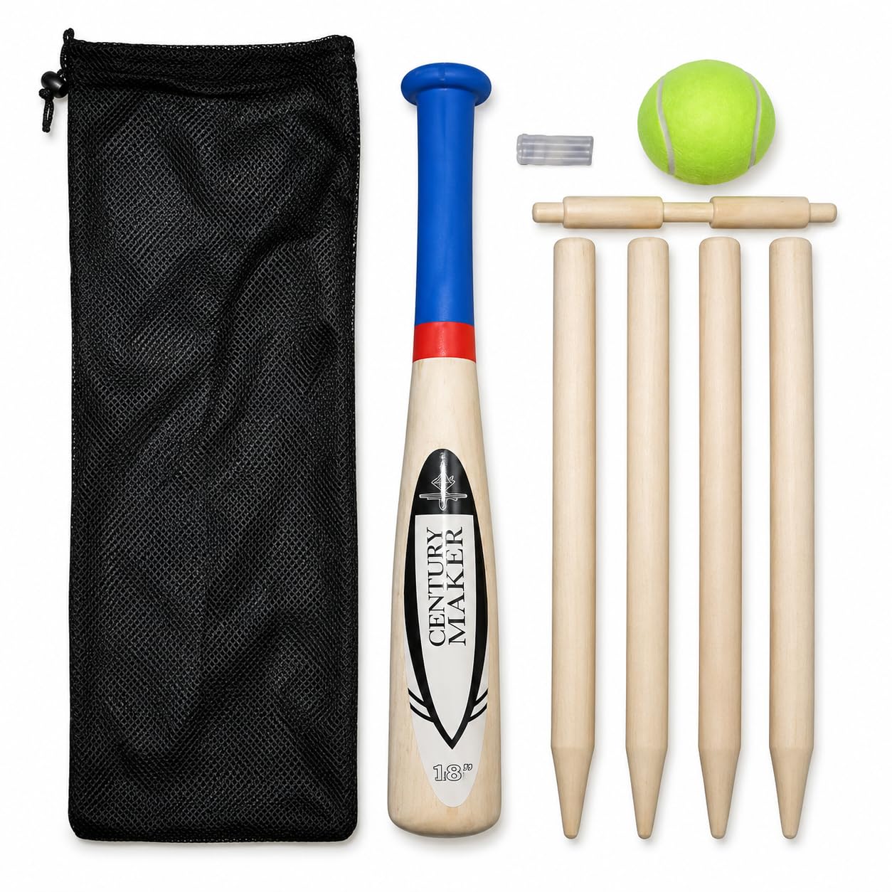 BURAKH 18” Rounder Bat Set with Stumps, Bail, Tennis Ball & Mesh Carry Bag – Complete Outdoor Cricket Game Kit for Kids and Adults (Set of 4)