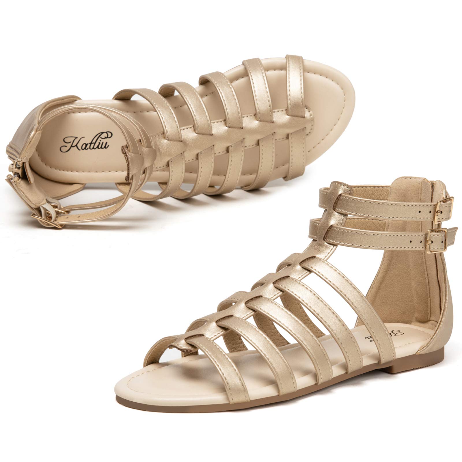 Katliu Women’s Gladiator Sandals – Flat Strap Ankle Buckle Sandals With Back Zipper