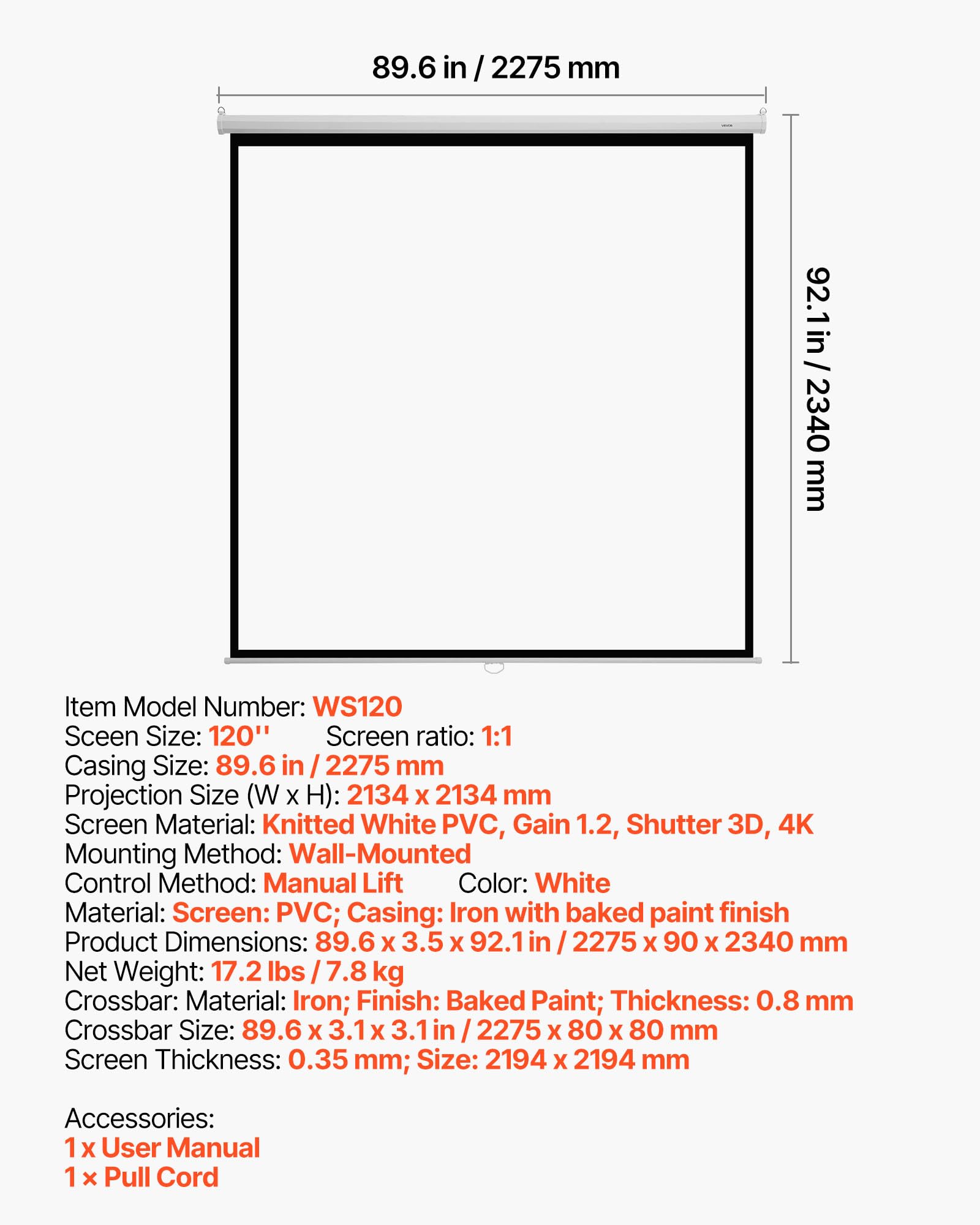 VEVOR Schermo per Proiettore Manuale, 3048 mm 1:1 4K 1080 HD, Proiezione di Film a Parete con Corda di Trazione, Schermo a Scomparsa Retrattile Avvolgibile Portatile per Teatro Domestico