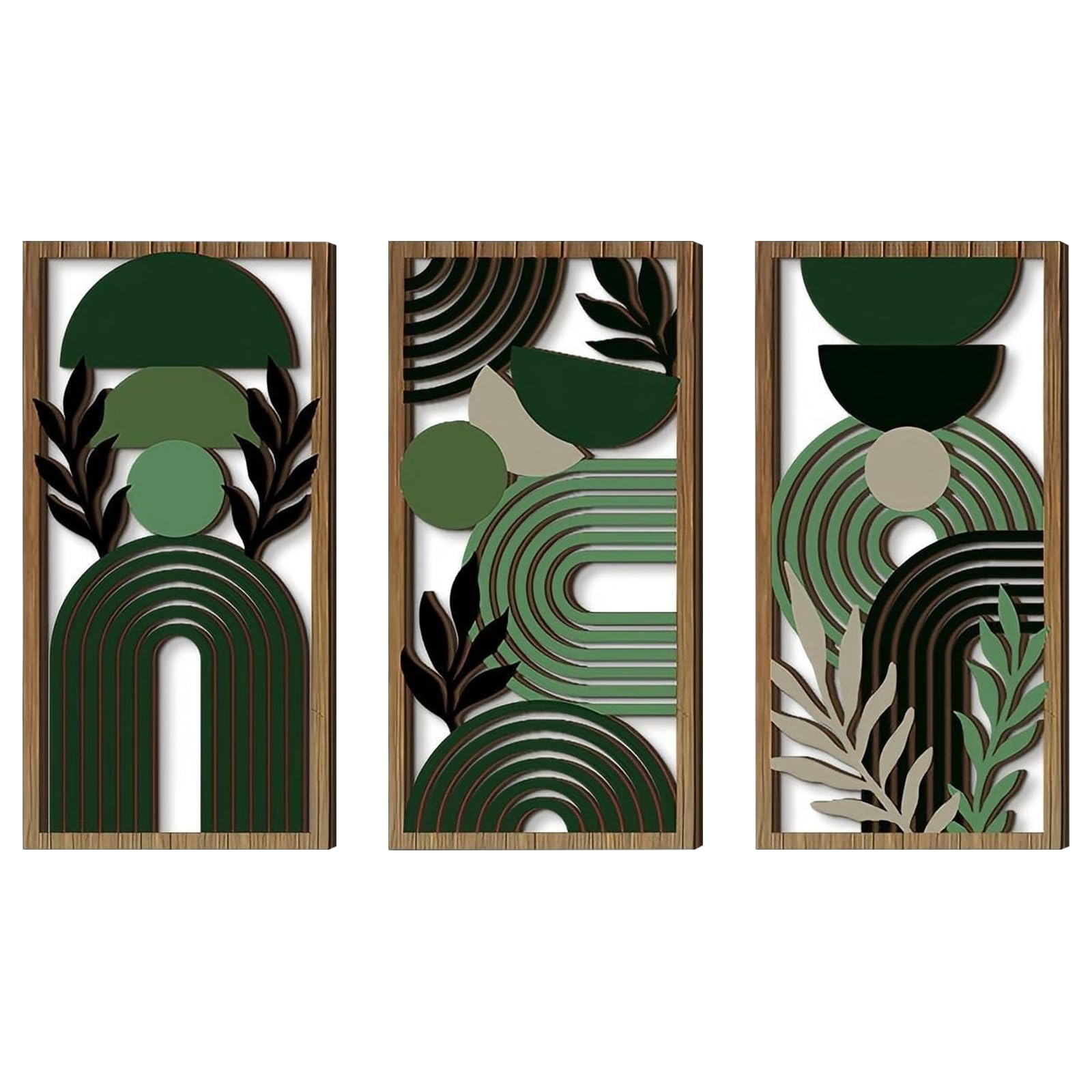 BRTNUP 3PCS Boho Wall Art Set, Wooden Wall Art Wooden Wall Decor for Living Room Bedroom Hallway Bohemian Botanical Hanging Bohemian Home Decor Modern Farmhouse Geometric Wall Hanging (Green Series)