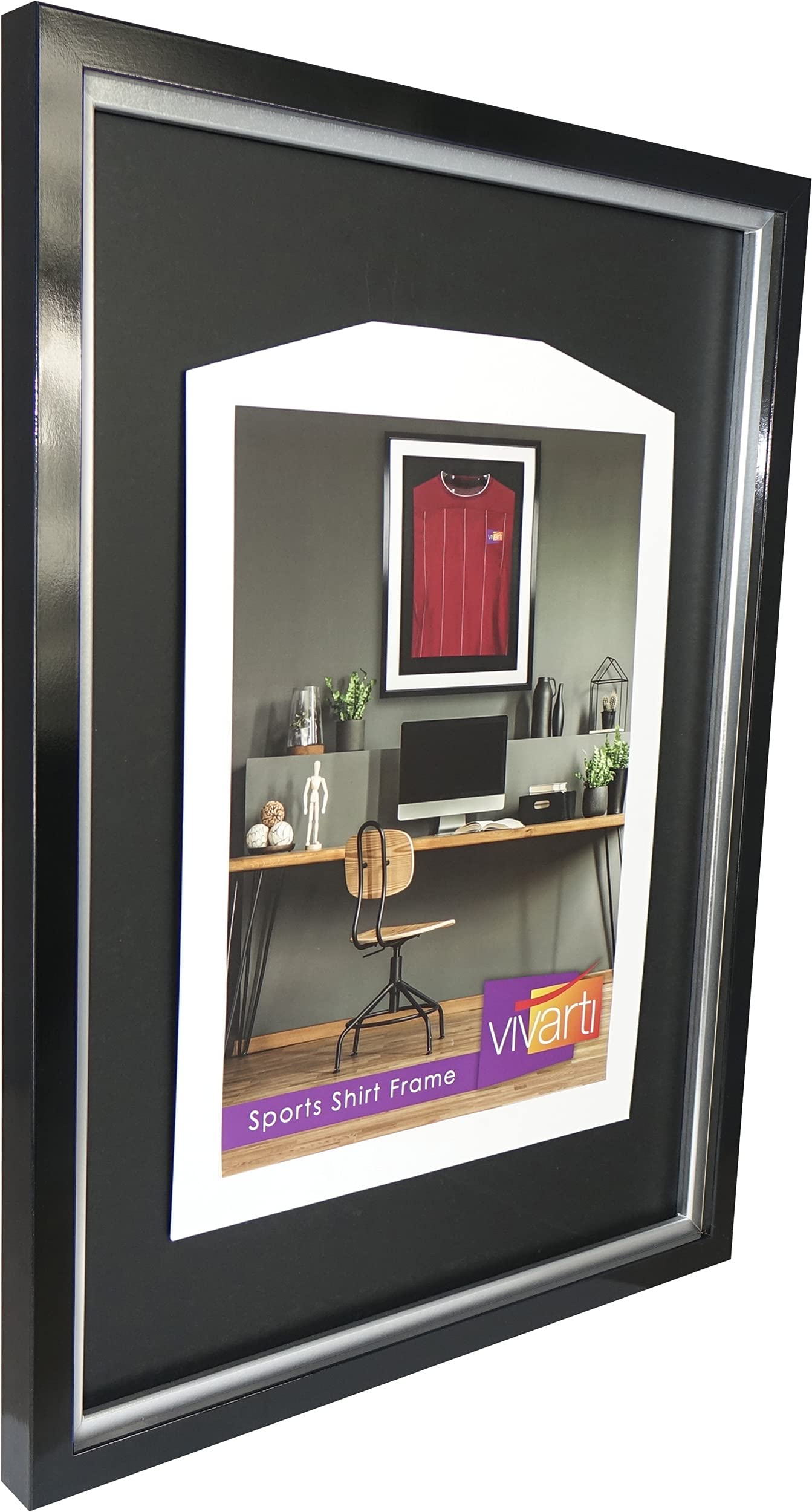 Vivarti Marco de exhibición estándar para camiseta de fútbol, camiseta de rugby, caja de sombra de camiseta de banda, 50 x 70 cm, marco negro brillante, marco interior plateado, tarjeta trasera negra