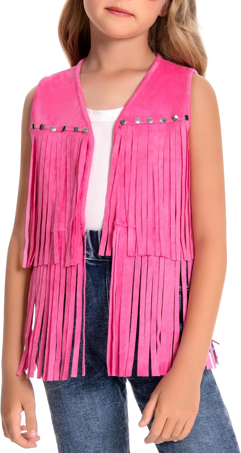 Happy Cherry Cowgirl Outfits for Girls Suede Fringe Vest Kids Western Country Concert Shirt Hippie Sleeveless Jacket 5-12Y