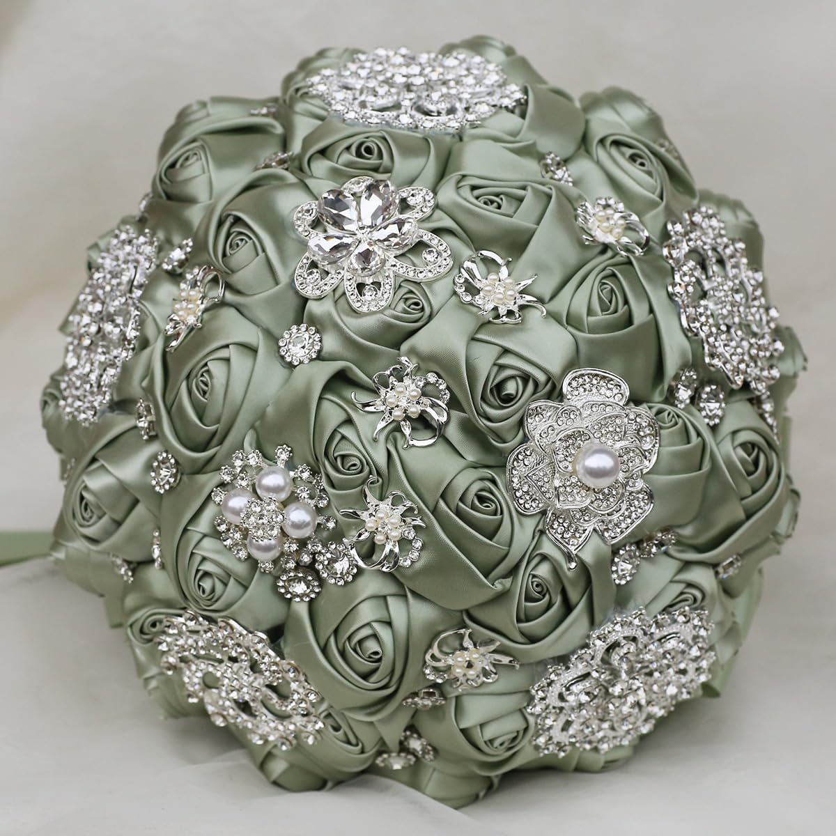 Bridal Wedding Bouquet Round Holding Bouquet Throw Toss Artificial Rose Flower Bunch for Bride Bridesmaid Wedding Quinceanera(Sage Green #3, 7.1")