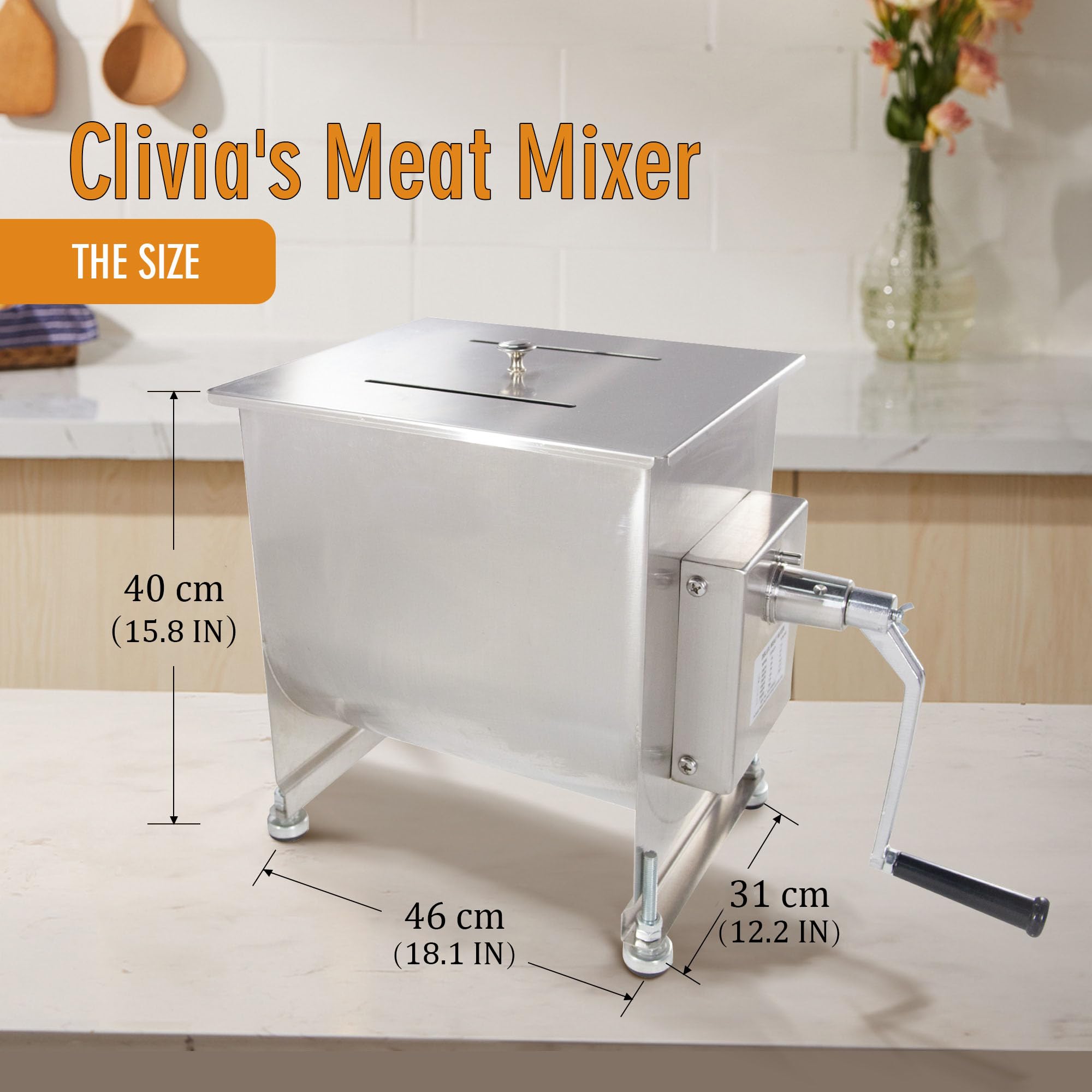 Clivia Commercial Stainless Steel Manual Meat Mixers with lid,60Lb/30L Tank,(Mixing Maximum 15-Pound for Meat),Sausage Mixer Machine Meat Processing Equipment