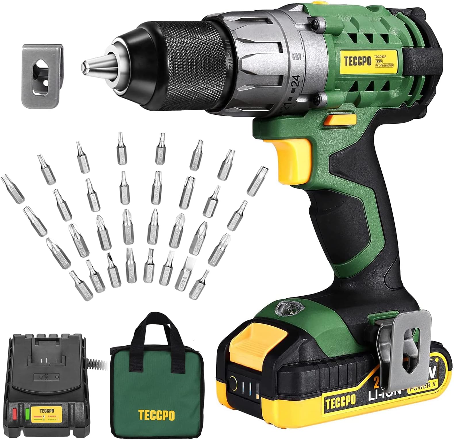 TECCPO Cordless Drill, 20V Drill Set, Power Drill Driver with 530 In-lbs, 1/2" Metal Chuck, 2.0Ah Battery, 24+1 Torque Setting, Fast Charger 2.0A, Variable 2-Speed, Drill with 33pcs Accessories