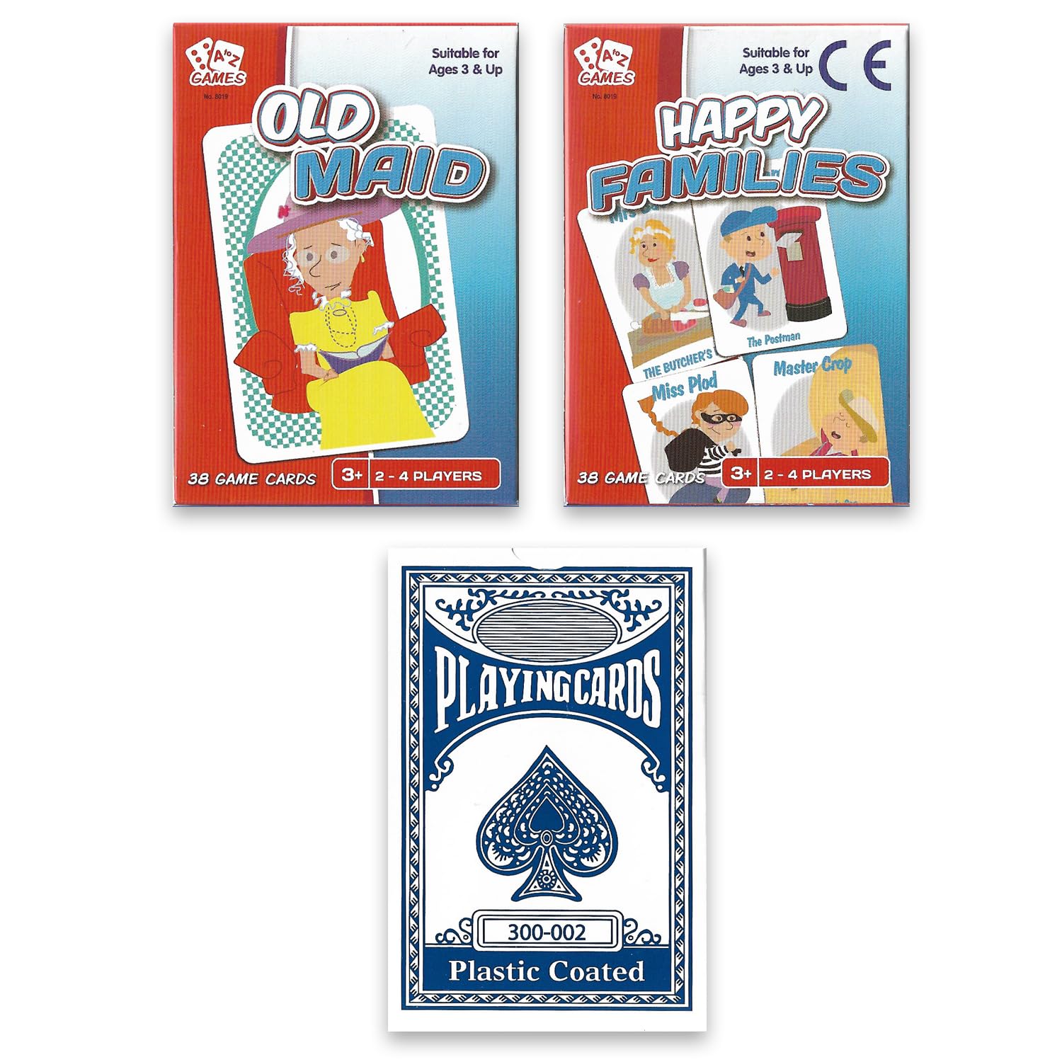ihoot Pack of 3 Classic Card Games for Kids | Old Maid | Happy Families | Plus One Pack of Playing Cards UK - Red or Blue | Card Games | Party Bag Fillers | Travel Games