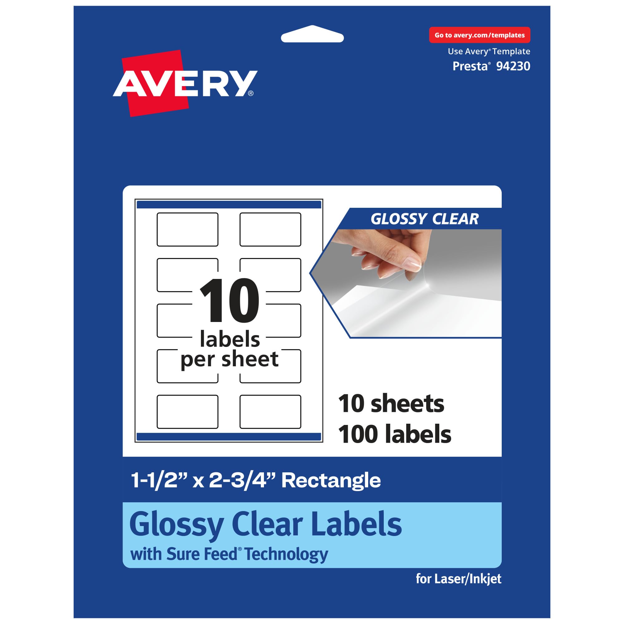 Avery Glossy Clear Rectangle Labels, Sure Feed Technology, 1.5" x 2.75", 100 Glossy Clear Labels, Print-to-The-Edge, Laser/Inkjet Printable