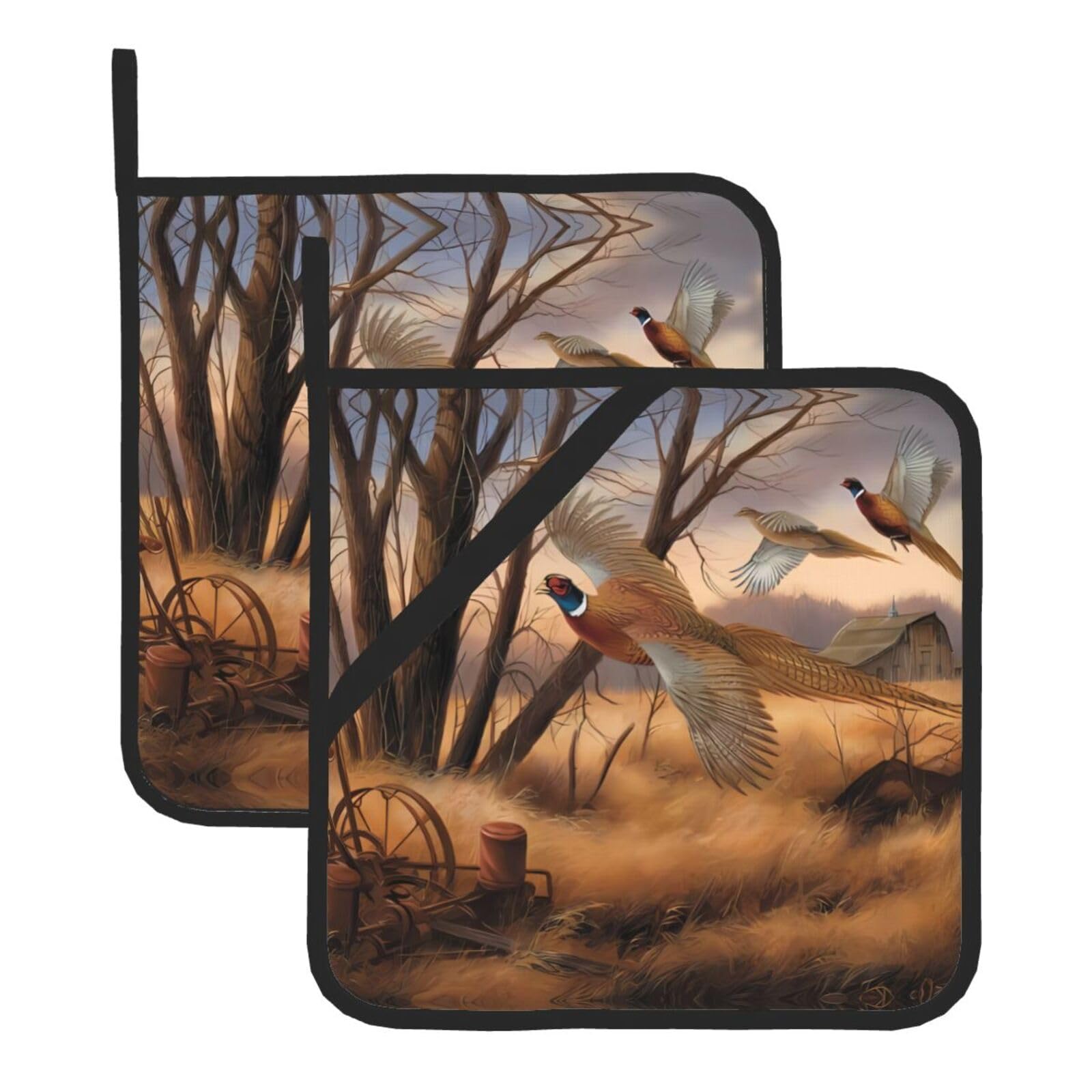 WHJSSF pheasant hunting Prints Square Pot Holders - Heat Resistant Kitchen Trivets 2-Pack - Waterproof Covers for Hot Dishes, Oven & Grill with Hanging Loop